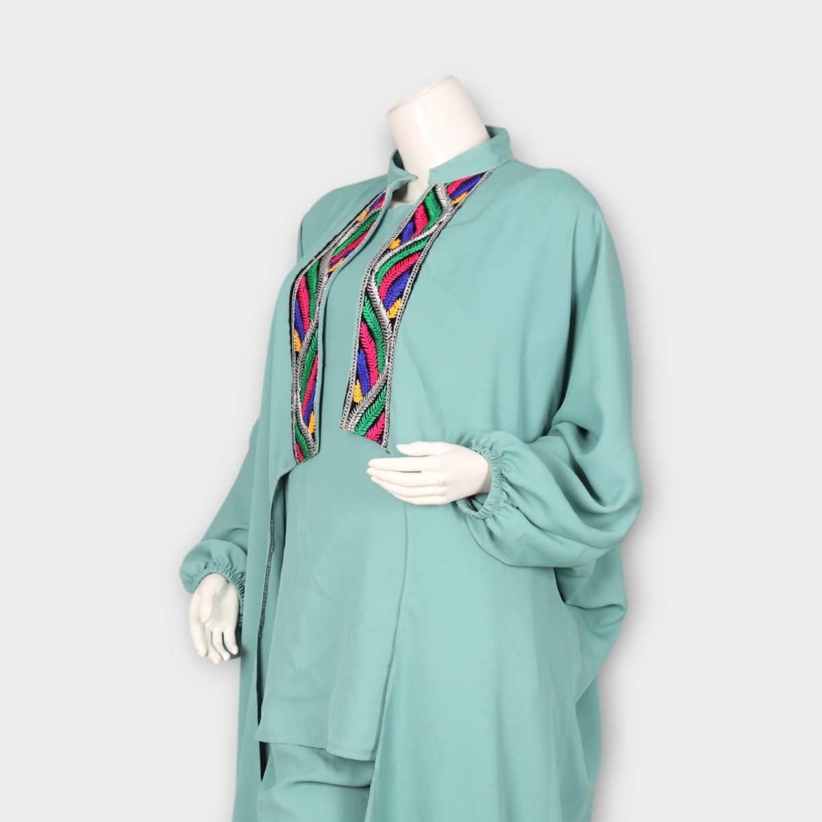 Mint Green Three-Piece Afghani Modern Front Open Dress 4