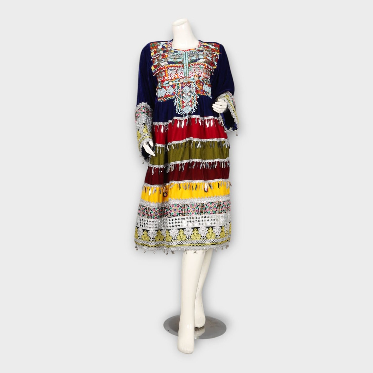 Multicolor Traditional Ghandi Afghani Dress with Embroidery, Coins, and Green Dupatta 6
