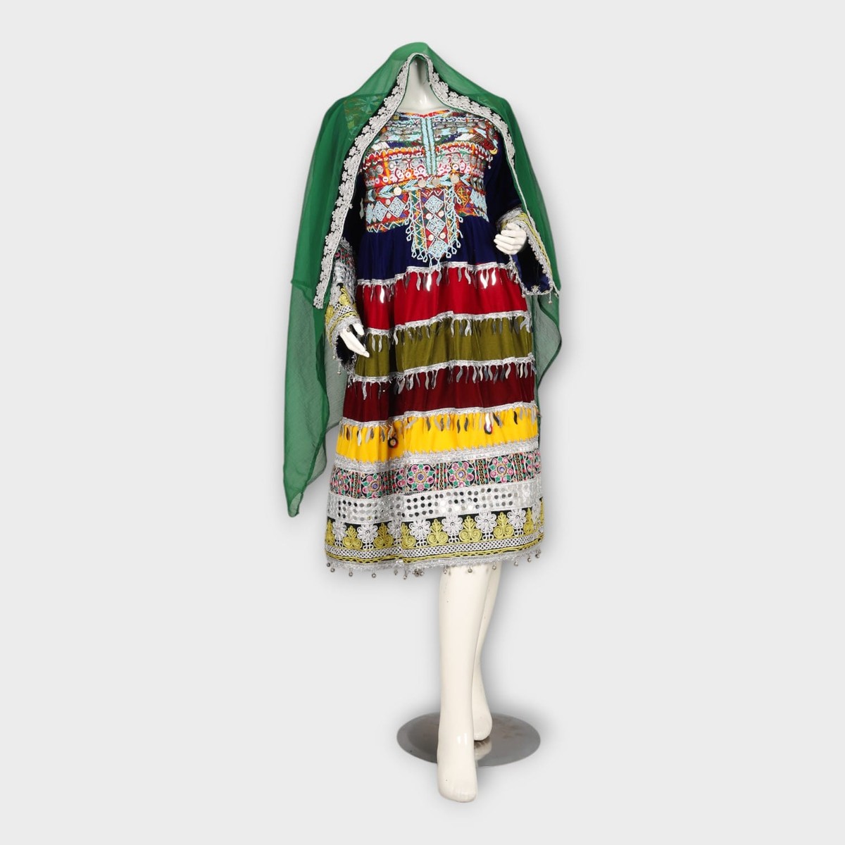 Multicolor Traditional Ghandi Afghani Dress with Embroidery, Coins, and Green Dupatta 1