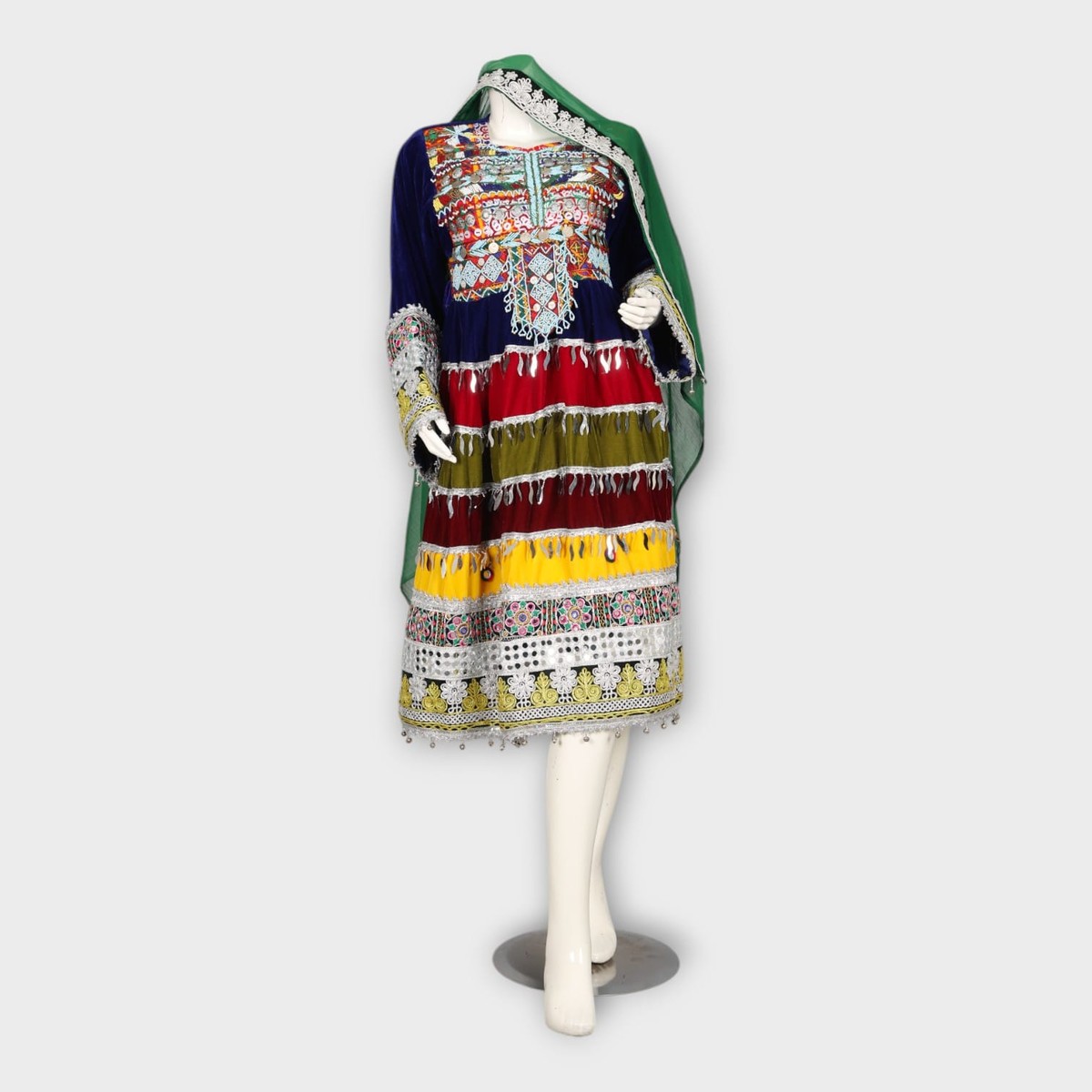 Multicolor Traditional Ghandi Afghani Dress with Embroidery, Coins, and Green Dupatta 4