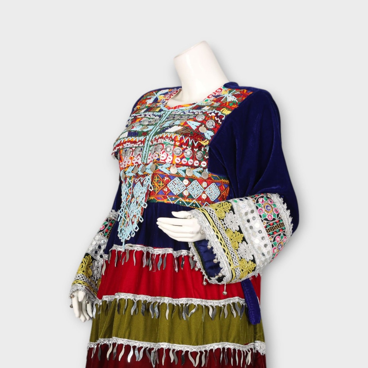 Multicolor Traditional Ghandi Afghani Dress with Embroidery, Coins, and Green Dupatta 3