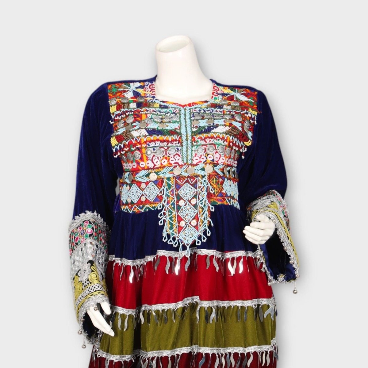 Multicolor Traditional Ghandi Afghani Dress with Embroidery, Coins, and Green Dupatta 2