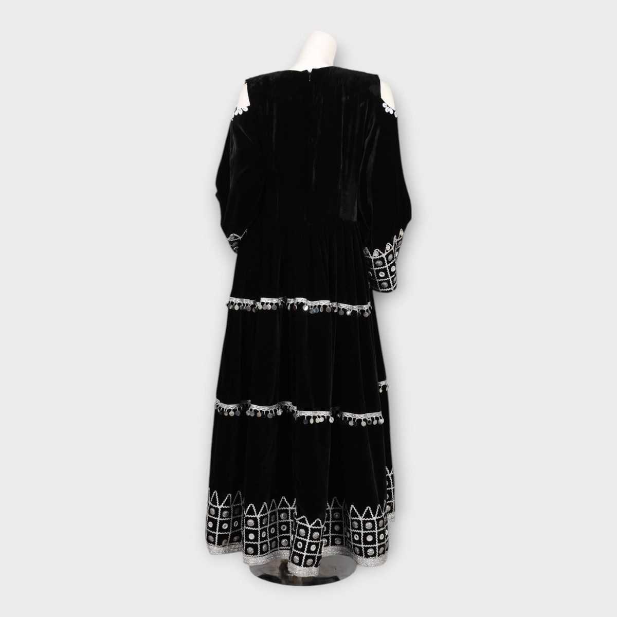 Black Velvet Traditional Afghani Dress with White Embroidery and Mirror Work 4