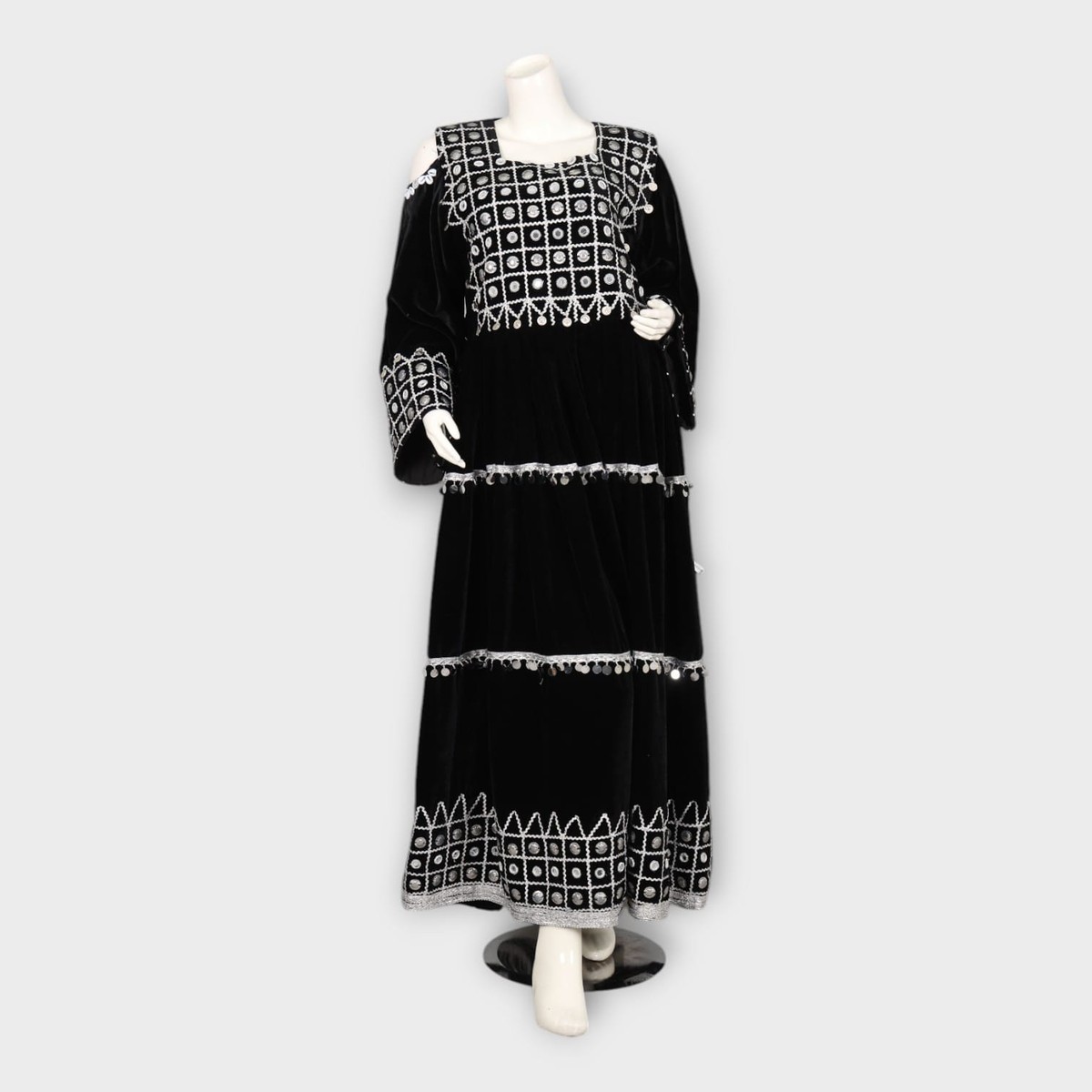 Black Velvet Traditional Afghani Dress with White Embroidery and Mirror Work 1