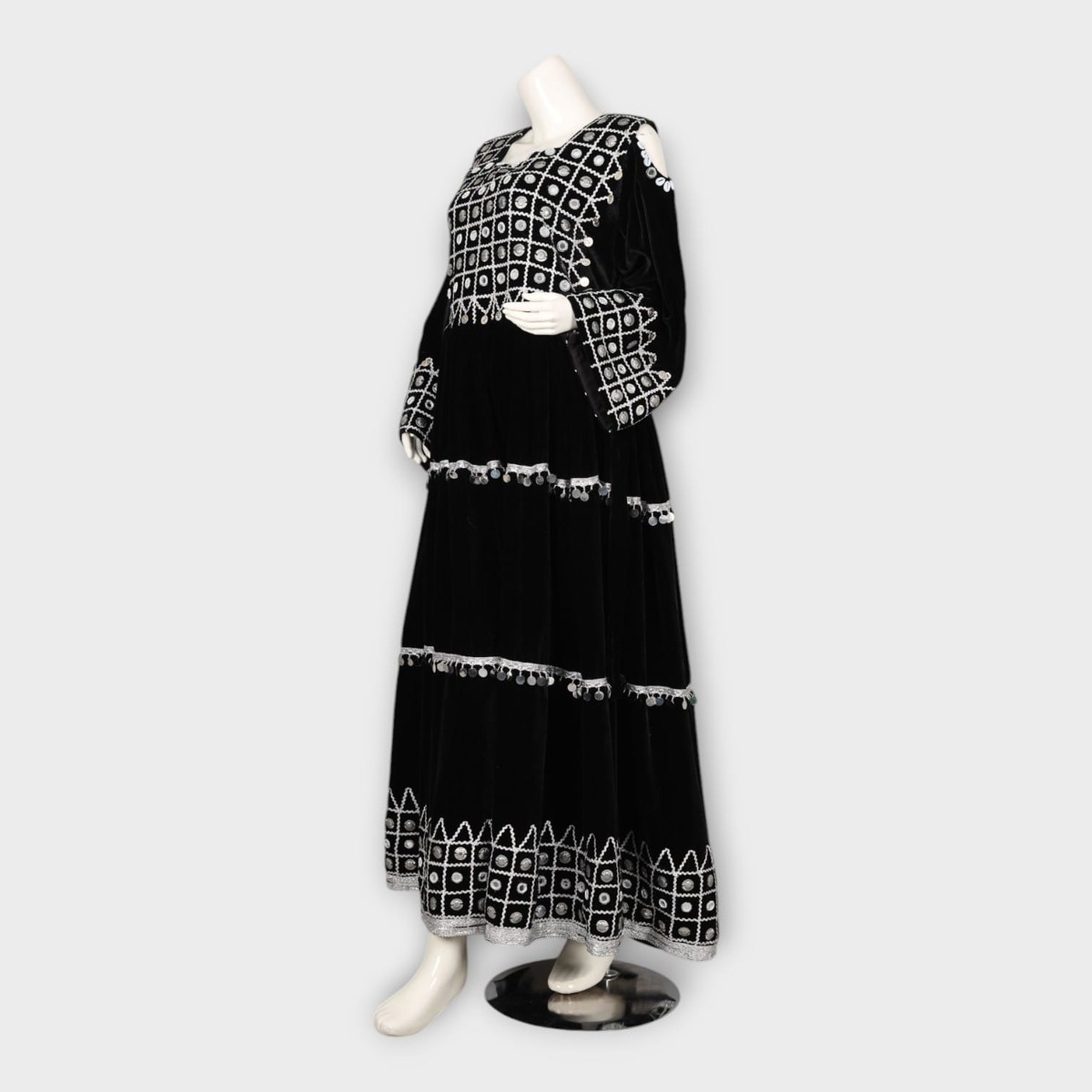 Black Velvet Traditional Afghani Dress with White Embroidery and Mirror Work 7