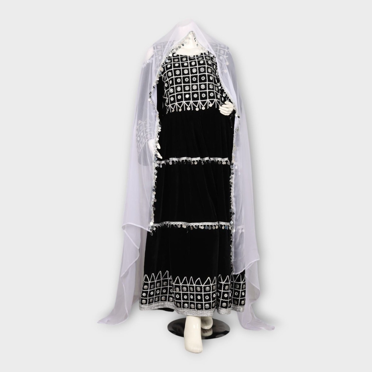 Black Velvet Traditional Afghani Dress with White Embroidery and Mirror Work 5