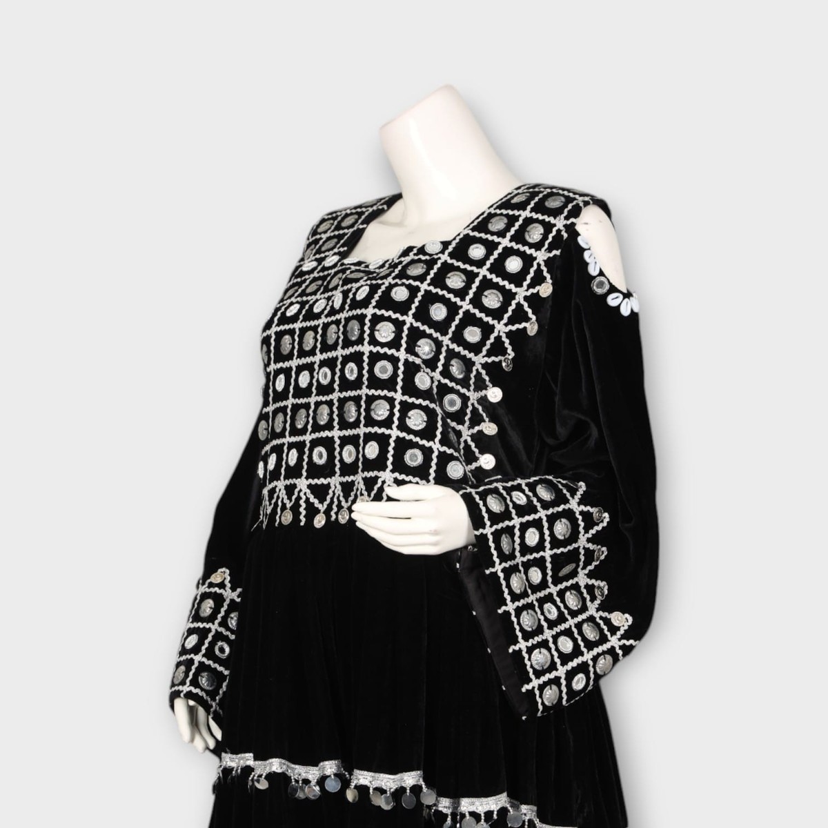 Black Velvet Traditional Afghani Dress with White Embroidery and Mirror Work 6