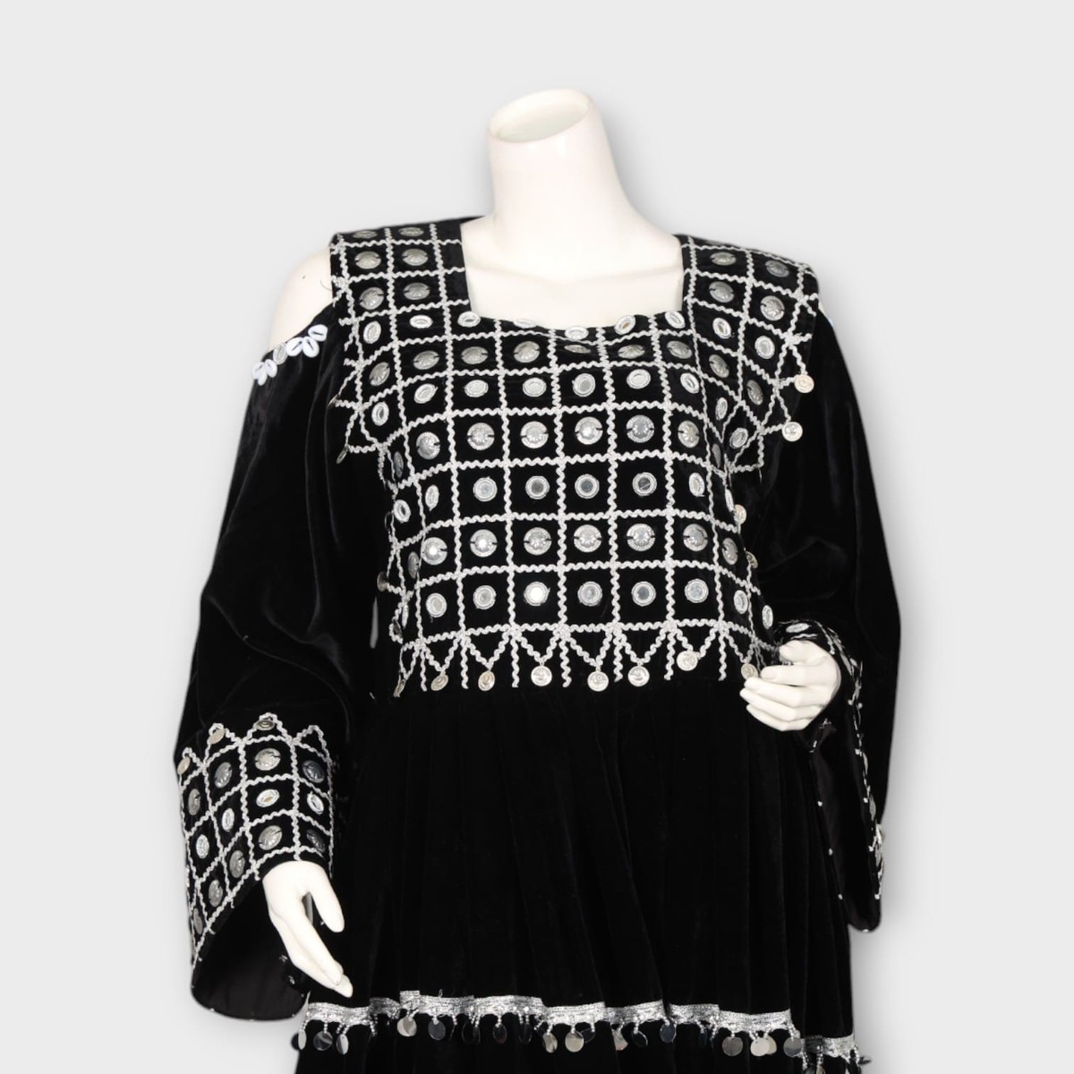 Black Velvet Traditional Afghani Dress with White Embroidery and Mirror Work 2