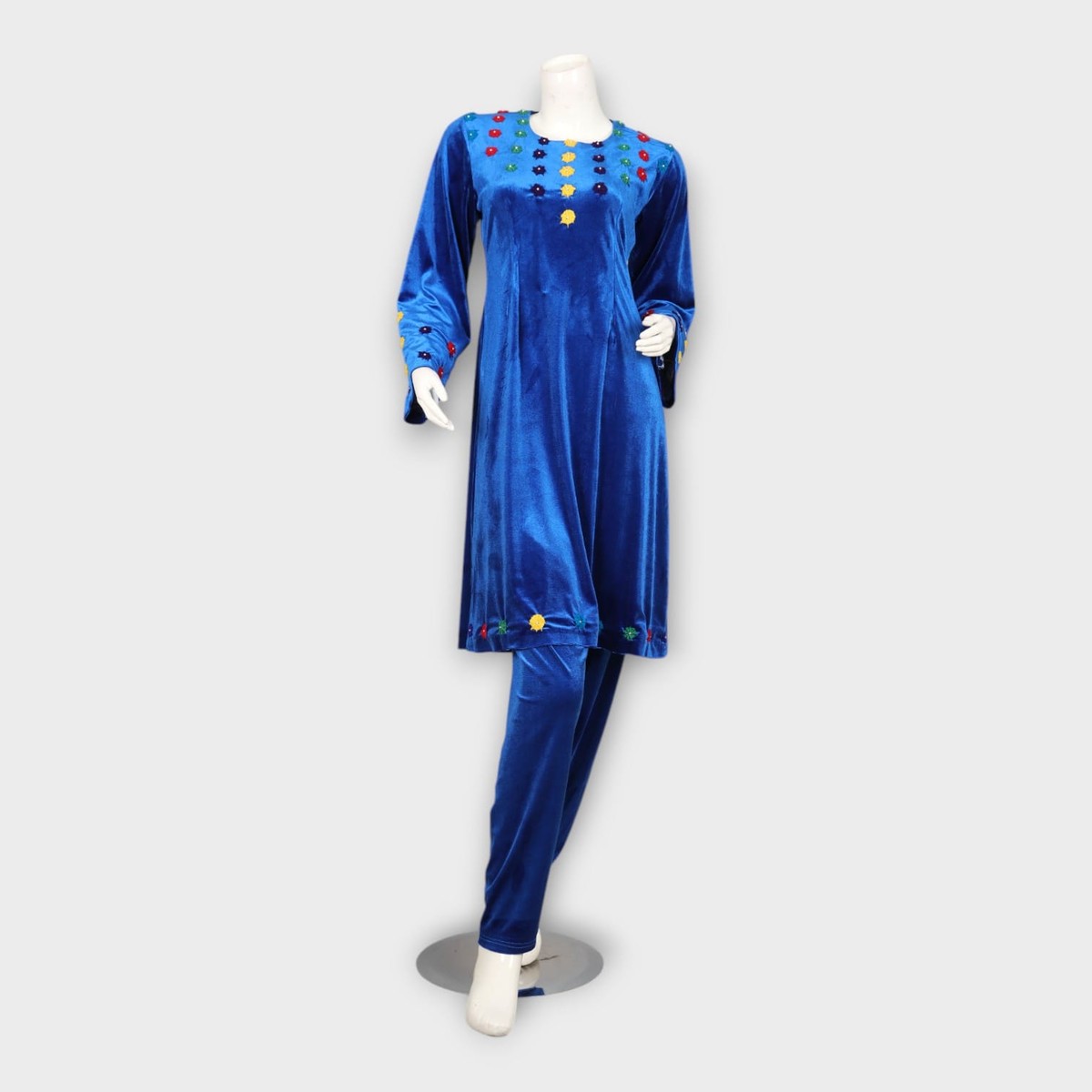 Royal Blue Velvet Embroidered Dress Set 2