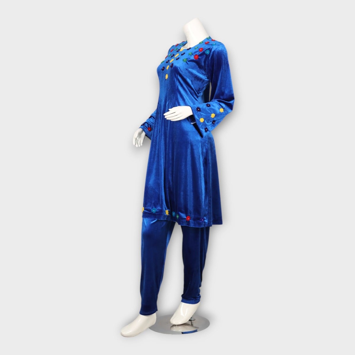 Royal Blue Velvet Embroidered Dress Set 3