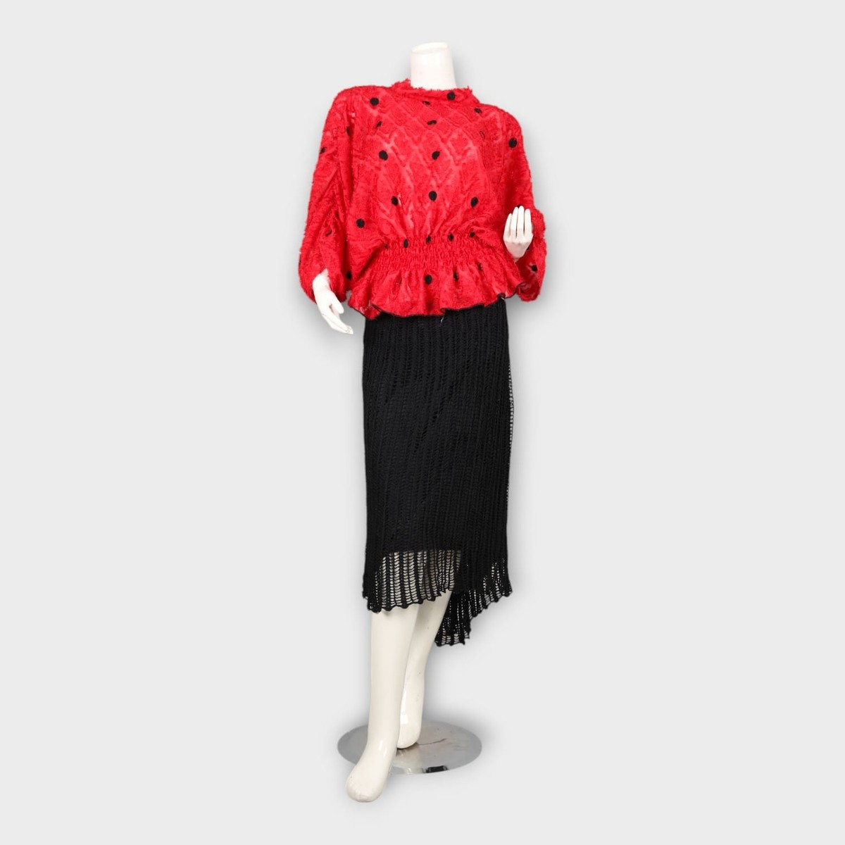 Red Textured Top with Black Knitted Skirt Set 2