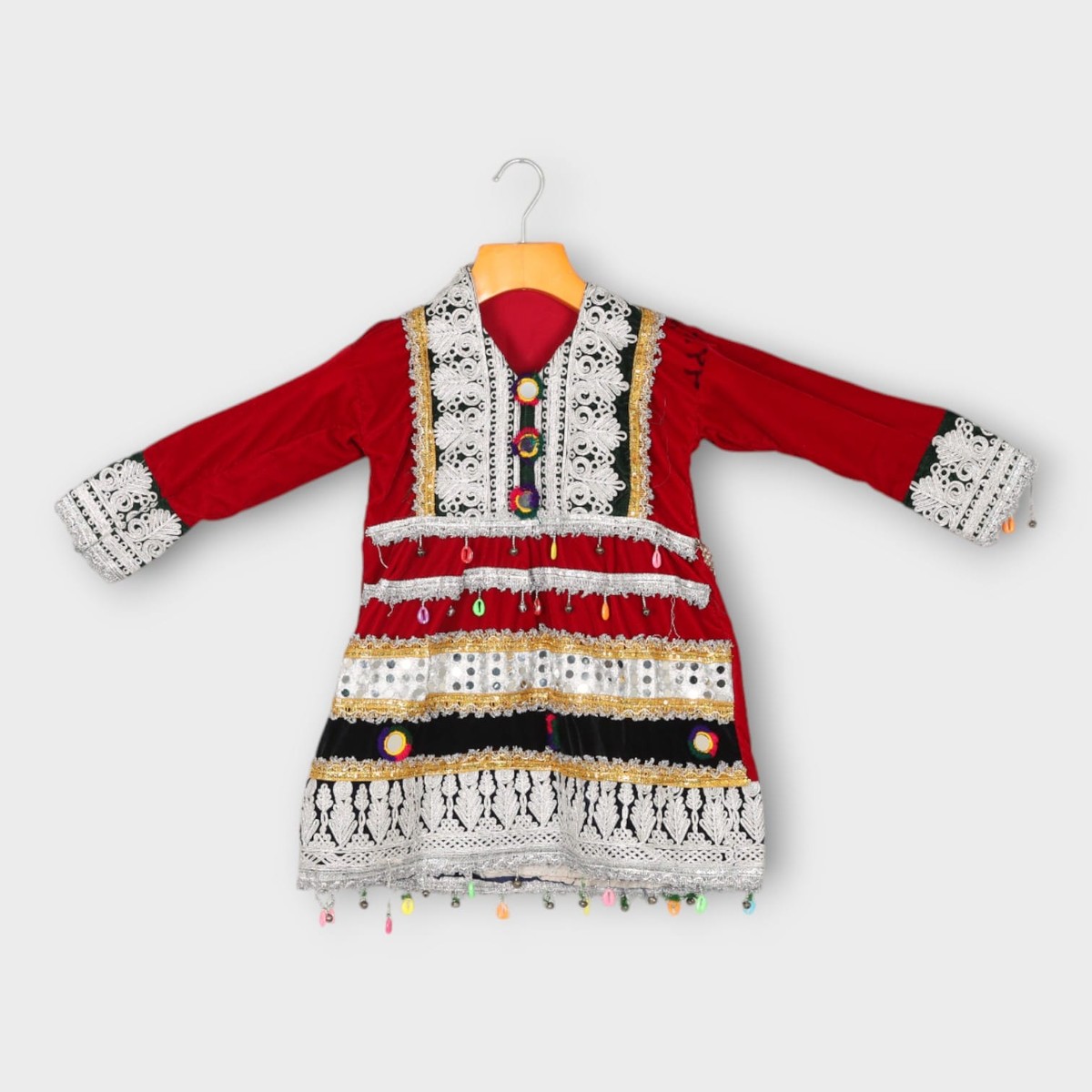 Red Traditional Afghani Baby Dress with Lace and Beaded Embellishments 2