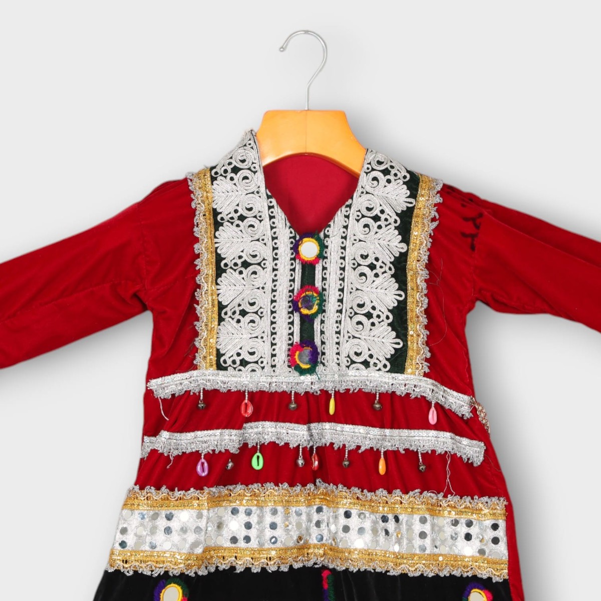 Red Traditional Afghani Baby Dress with Lace and Beaded Embellishments 1