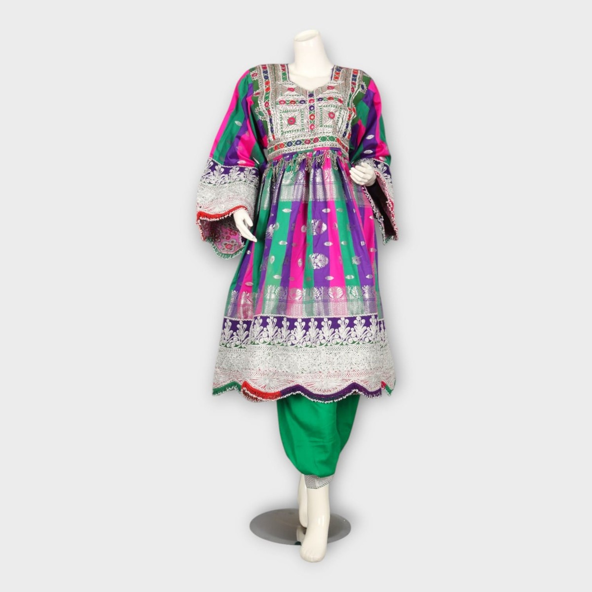 Multicolor Traditional Afghani Dress with Green Pants and Striped Dupatta 3