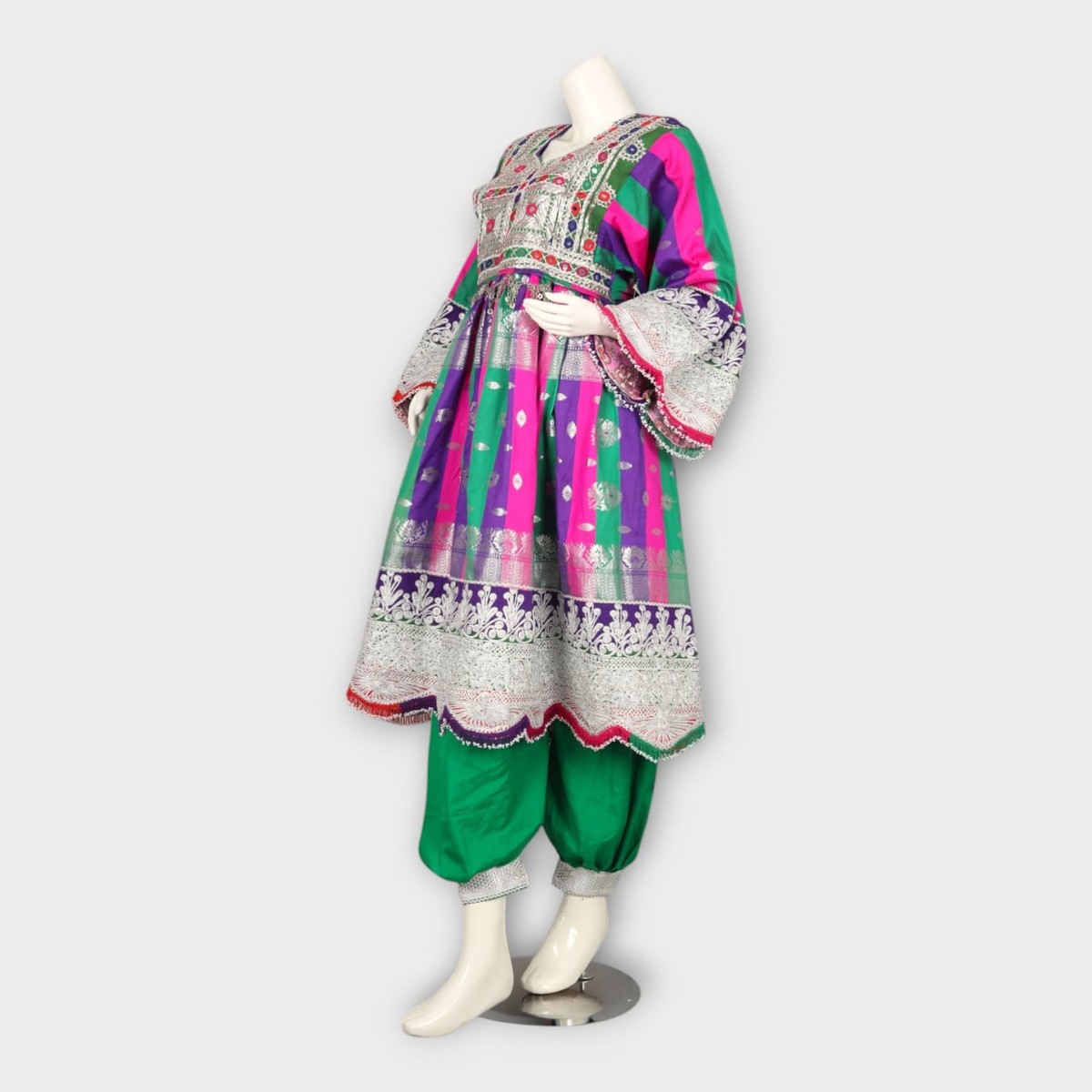 Multicolor Traditional Afghani Dress with Green Pants and Striped Dupatta 2