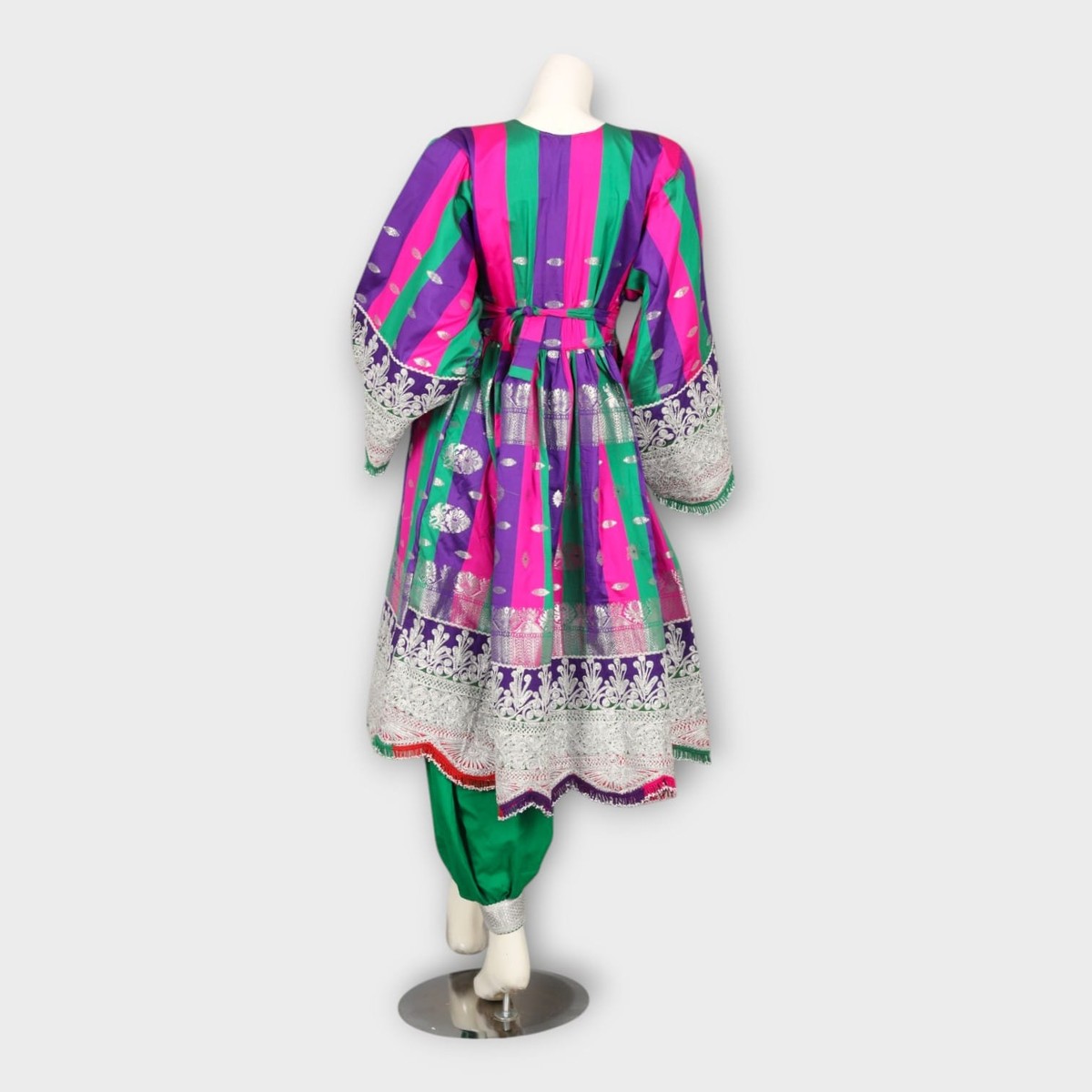 Multicolor Traditional Afghani Dress with Green Pants and Striped Dupatta 6