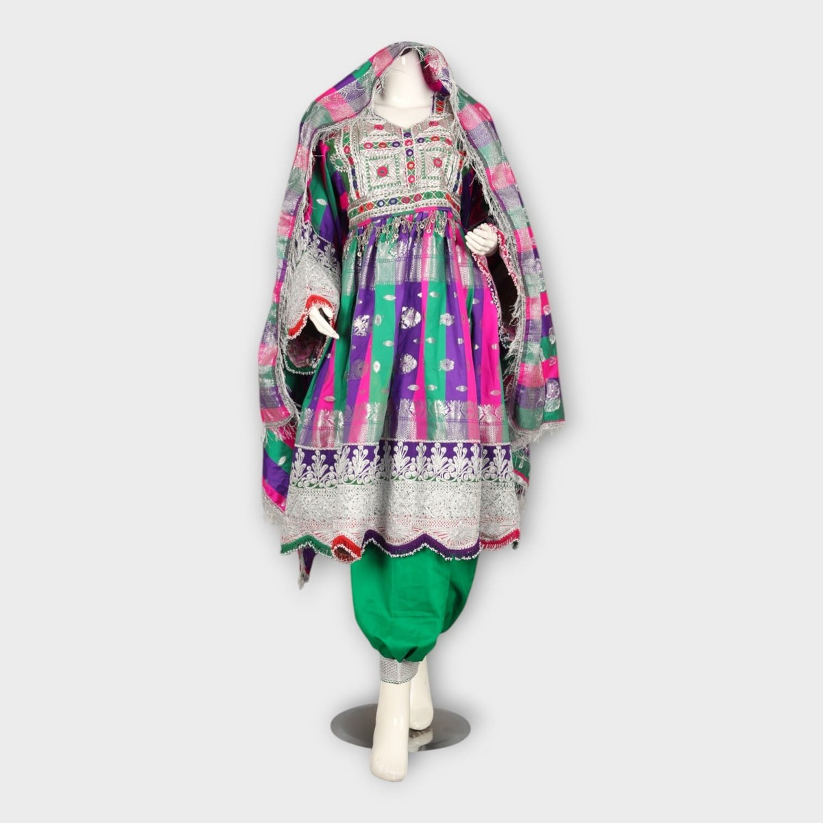 Multicolor Traditional Afghani Dress with Green Pants and Striped Dupatta 4