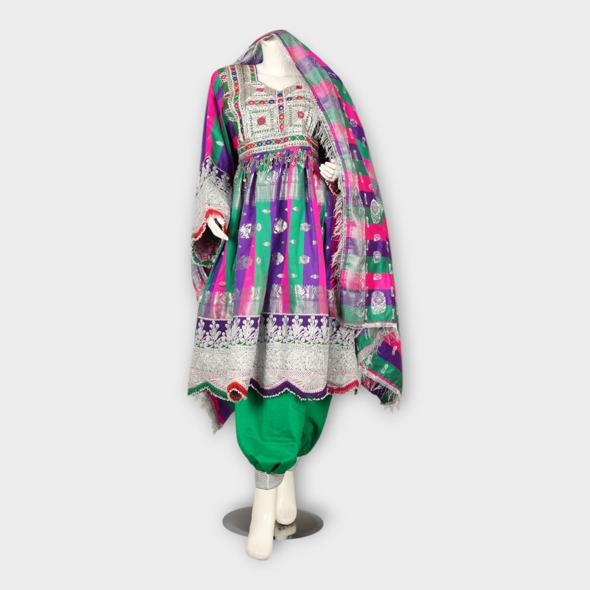 Multicolor Traditional Afghani Dress with Green Pants and Striped Dupatta 7
