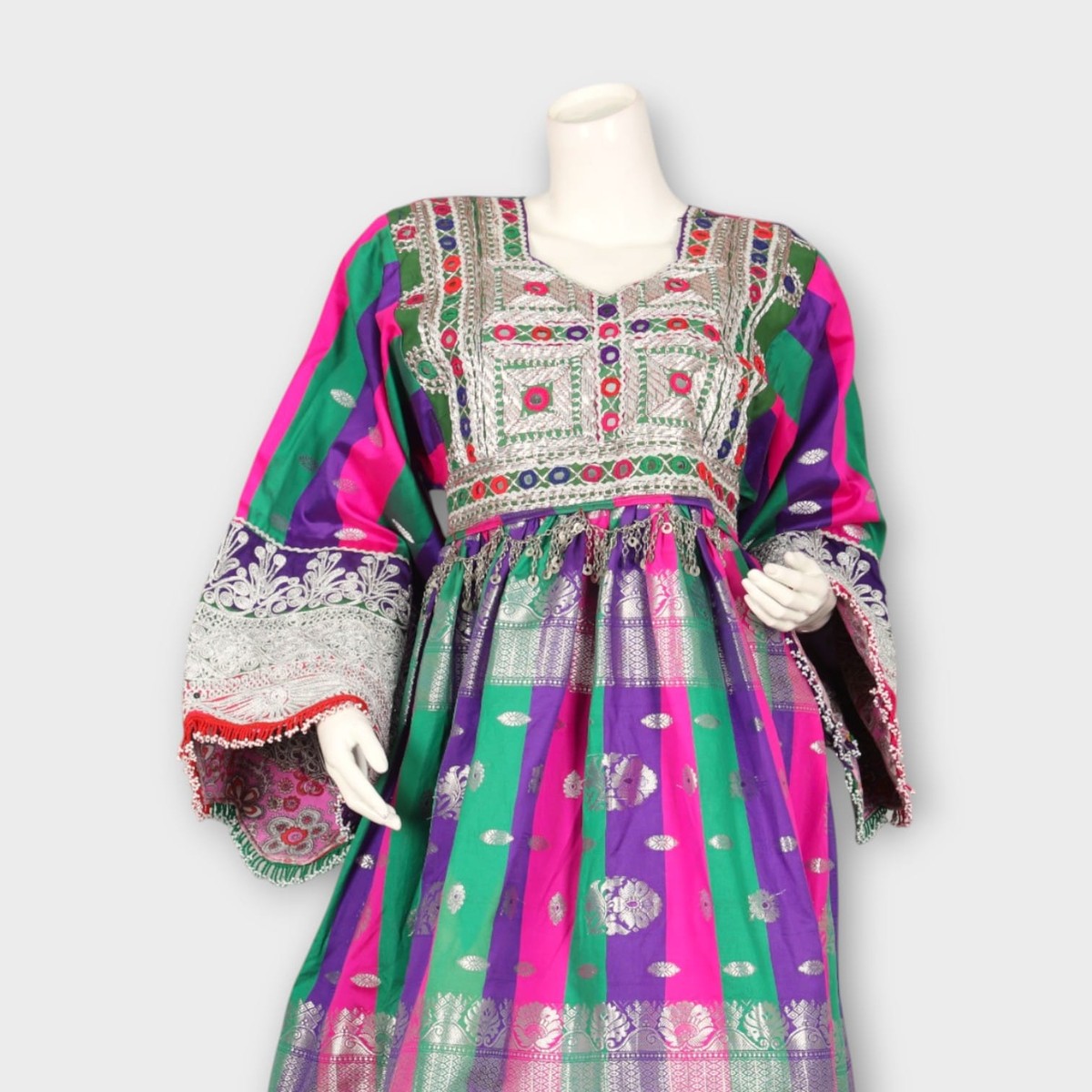 Multicolor Traditional Afghani Dress with Green Pants and Striped Dupatta 5