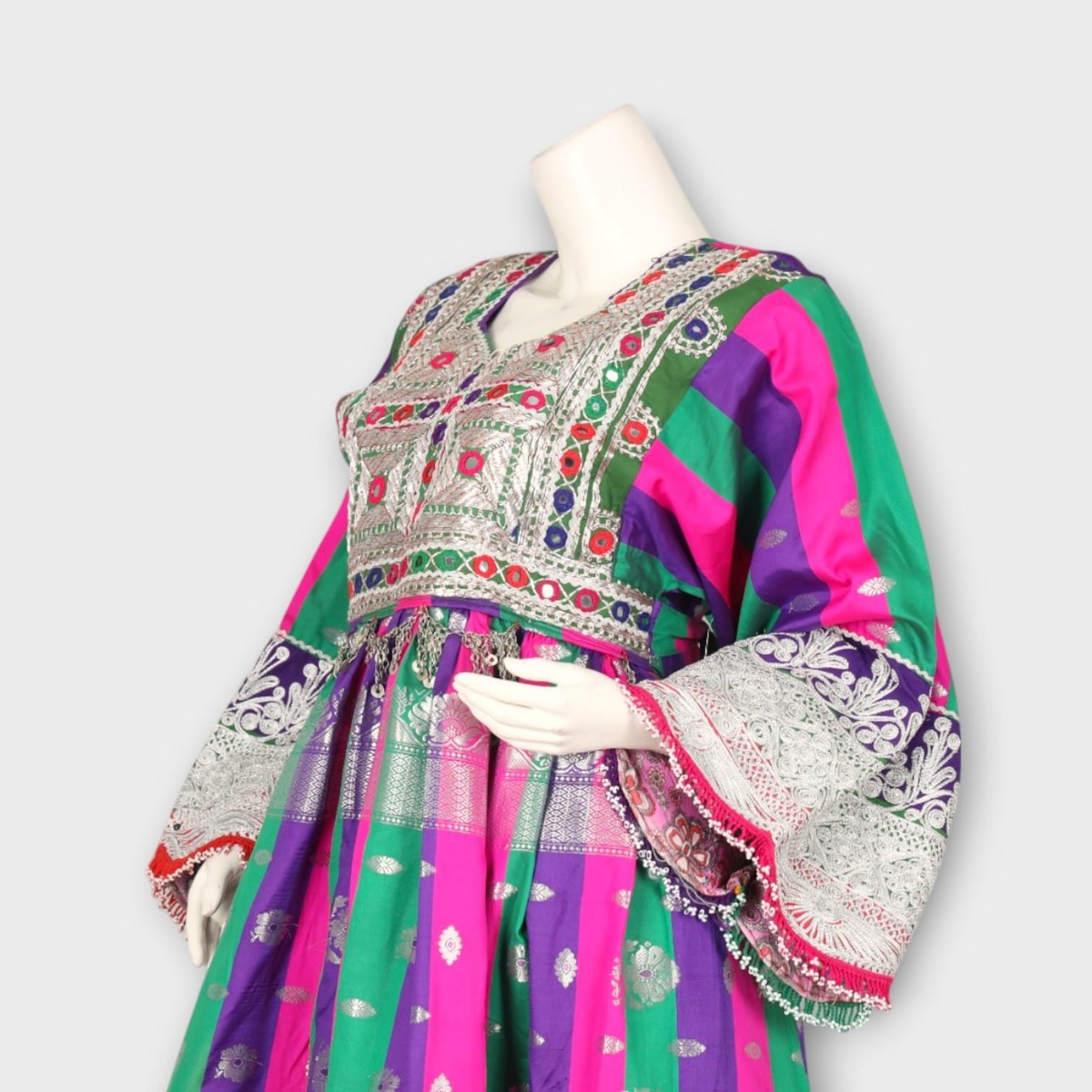 Multicolor Traditional Afghani Dress with Green Pants and Striped Dupatta 1