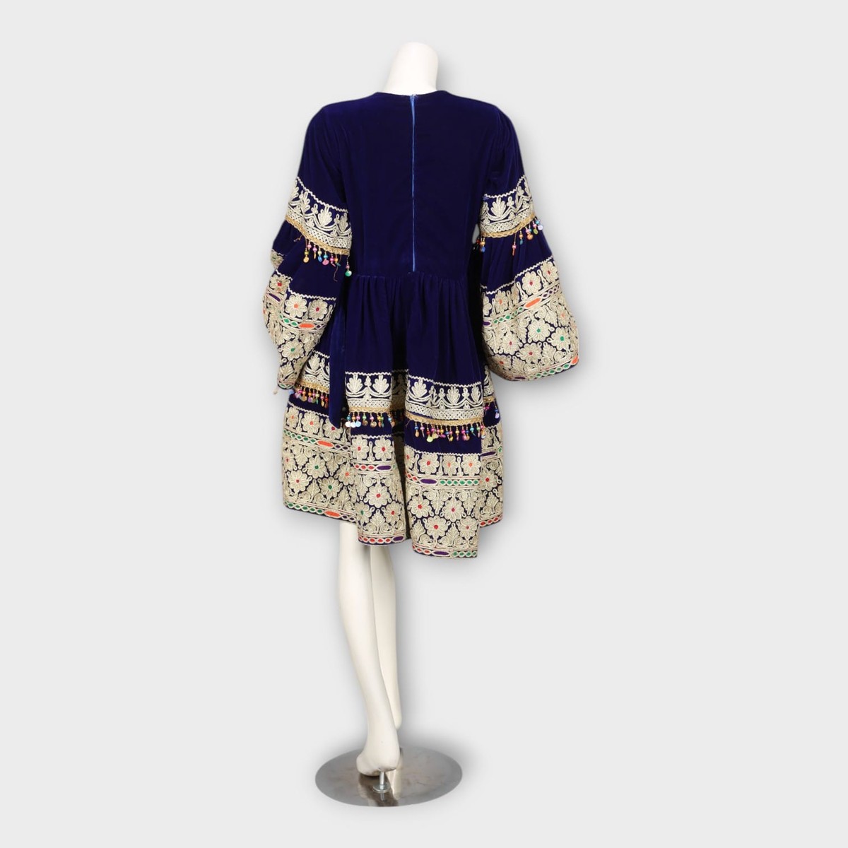 Navy Blue Short Traditional Afghani Dress with Cream Embroidery and Flared Sleeves 4