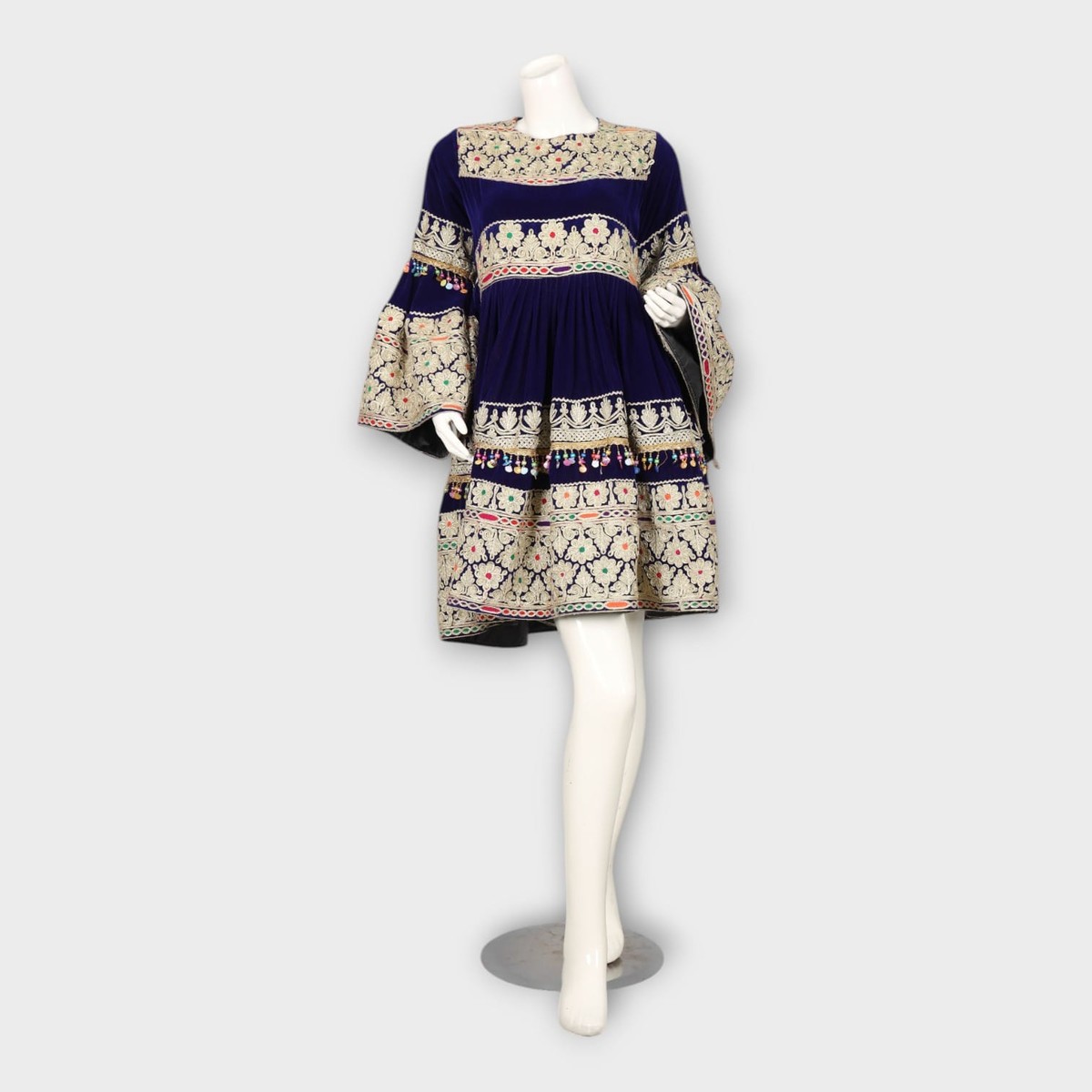 Navy Blue Short Traditional Afghani Dress with Cream Embroidery and Flared Sleeves 3