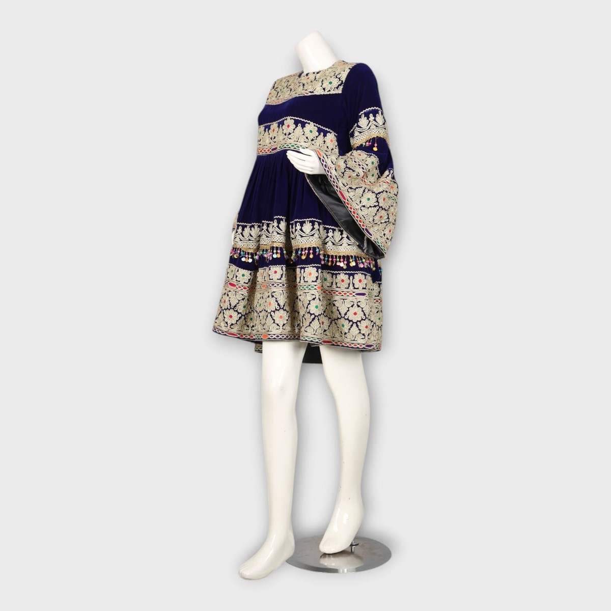 Navy Blue Short Traditional Afghani Dress with Cream Embroidery and Flared Sleeves 5