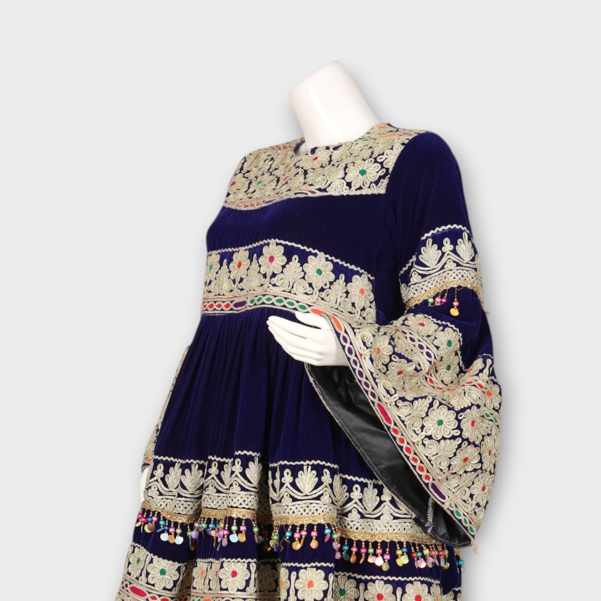 Navy Blue Short Traditional Afghani Dress with Cream Embroidery and Flared Sleeves 2