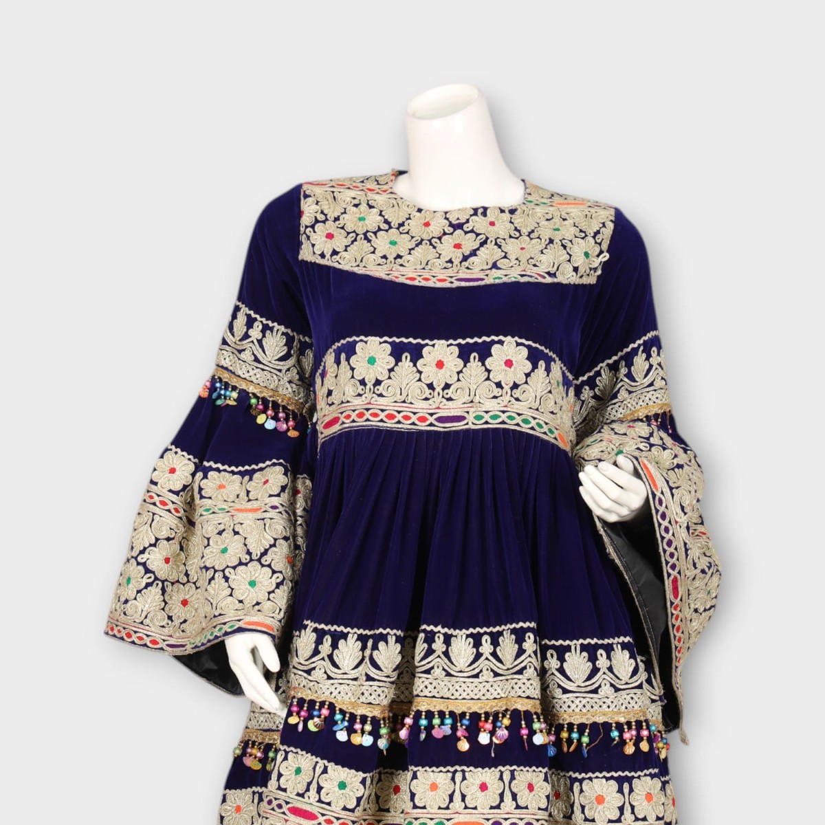Navy Blue Short Traditional Afghani Dress with Cream Embroidery and Flared Sleeves 1
