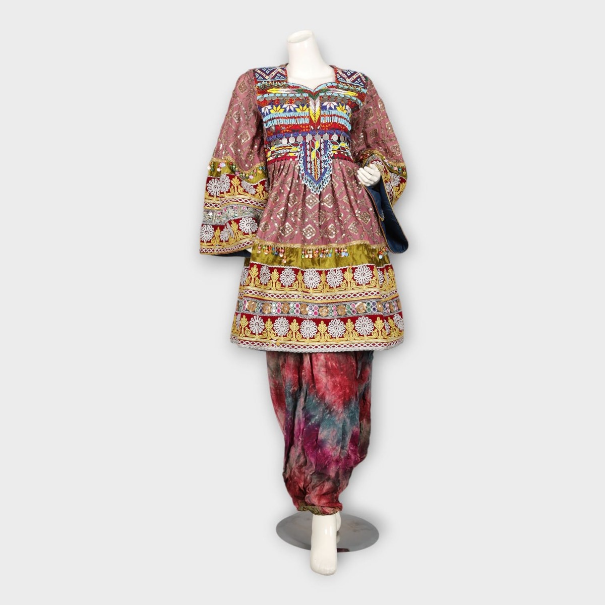 Pink Traditional Afghani Dress with Tie-Dye Pants and Colorful Embroidery 3