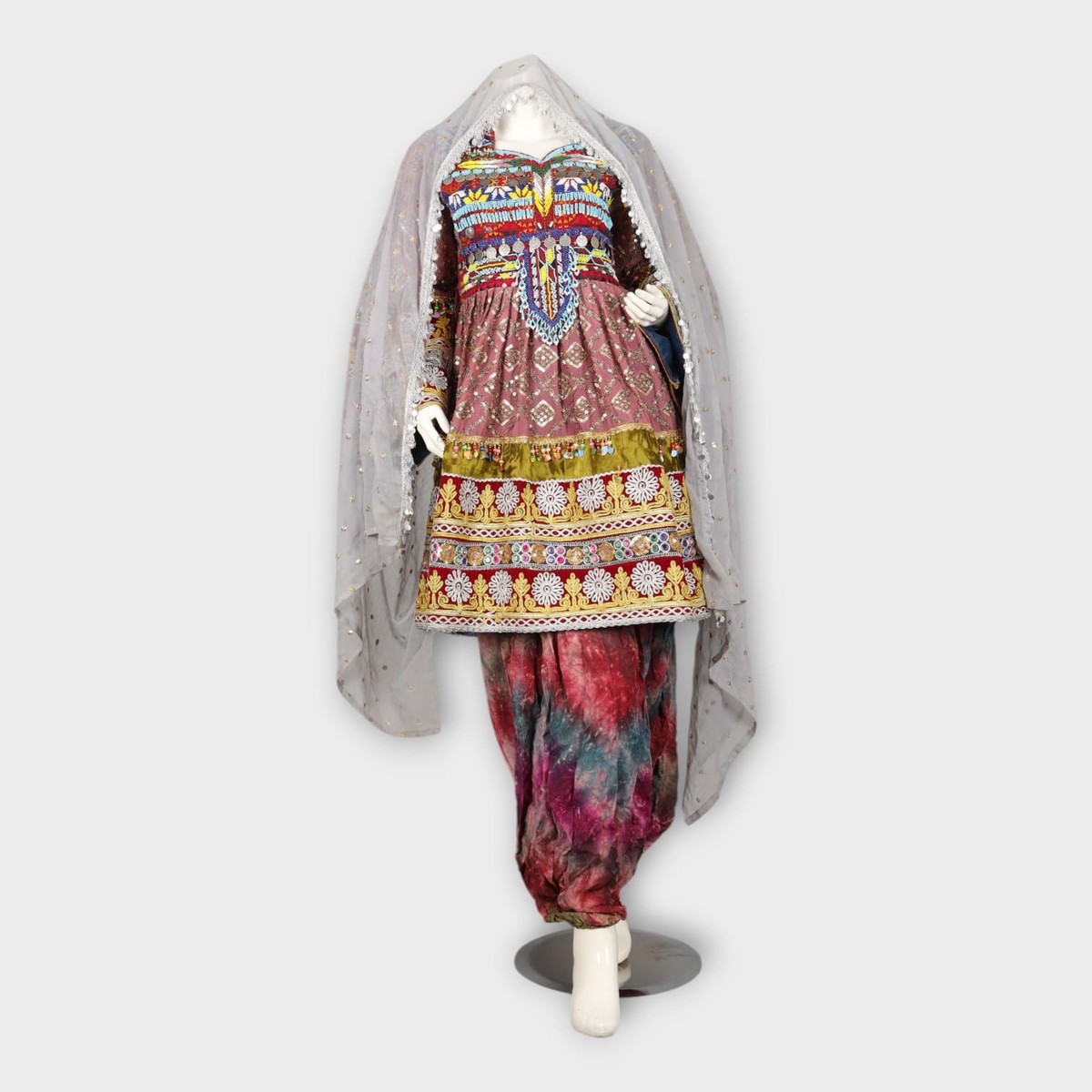 Pink Traditional Afghani Dress with Tie-Dye Pants and Colorful Embroidery 4