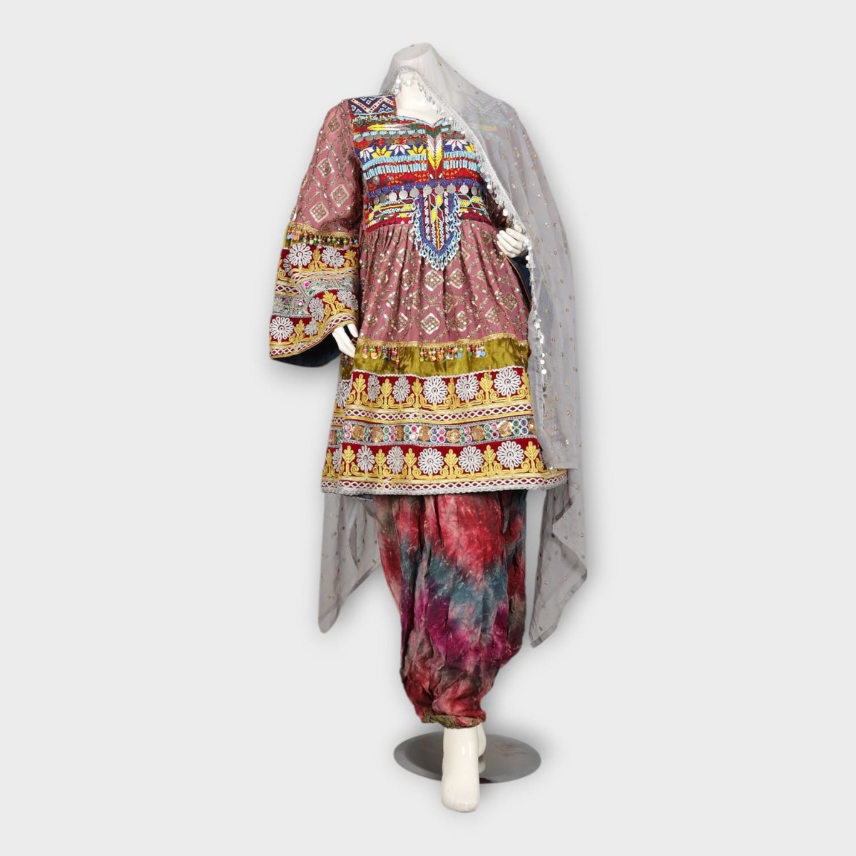 Pink Traditional Afghani Dress with Tie-Dye Pants and Colorful Embroidery 1