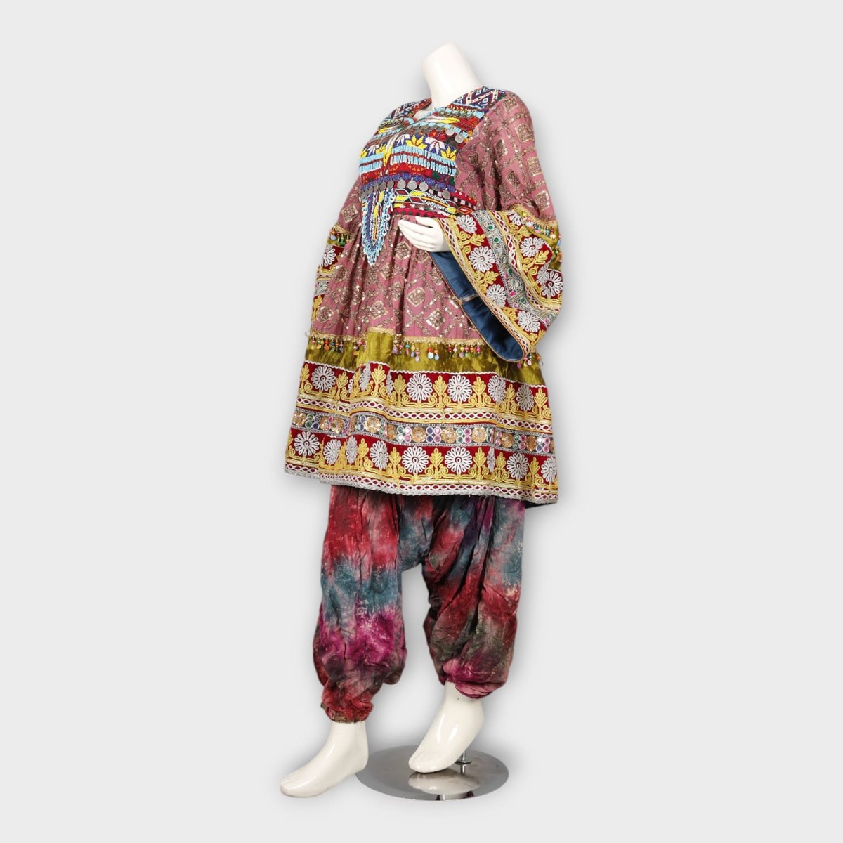 Pink Traditional Afghani Dress with Tie-Dye Pants and Colorful Embroidery 7