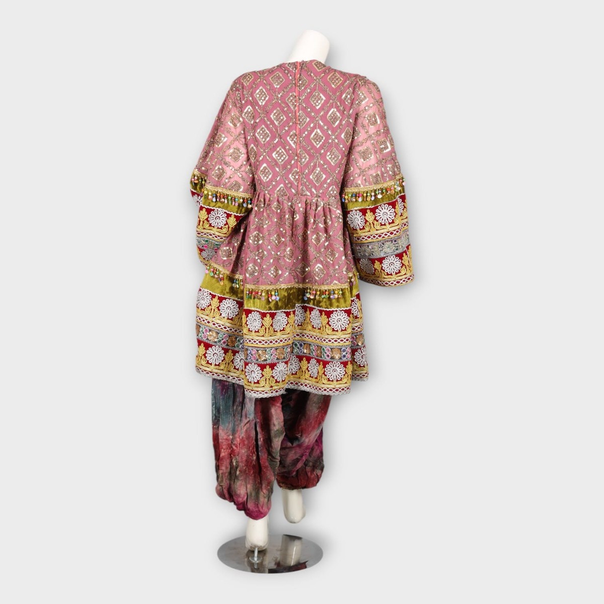 Pink Traditional Afghani Dress with Tie-Dye Pants and Colorful Embroidery 6