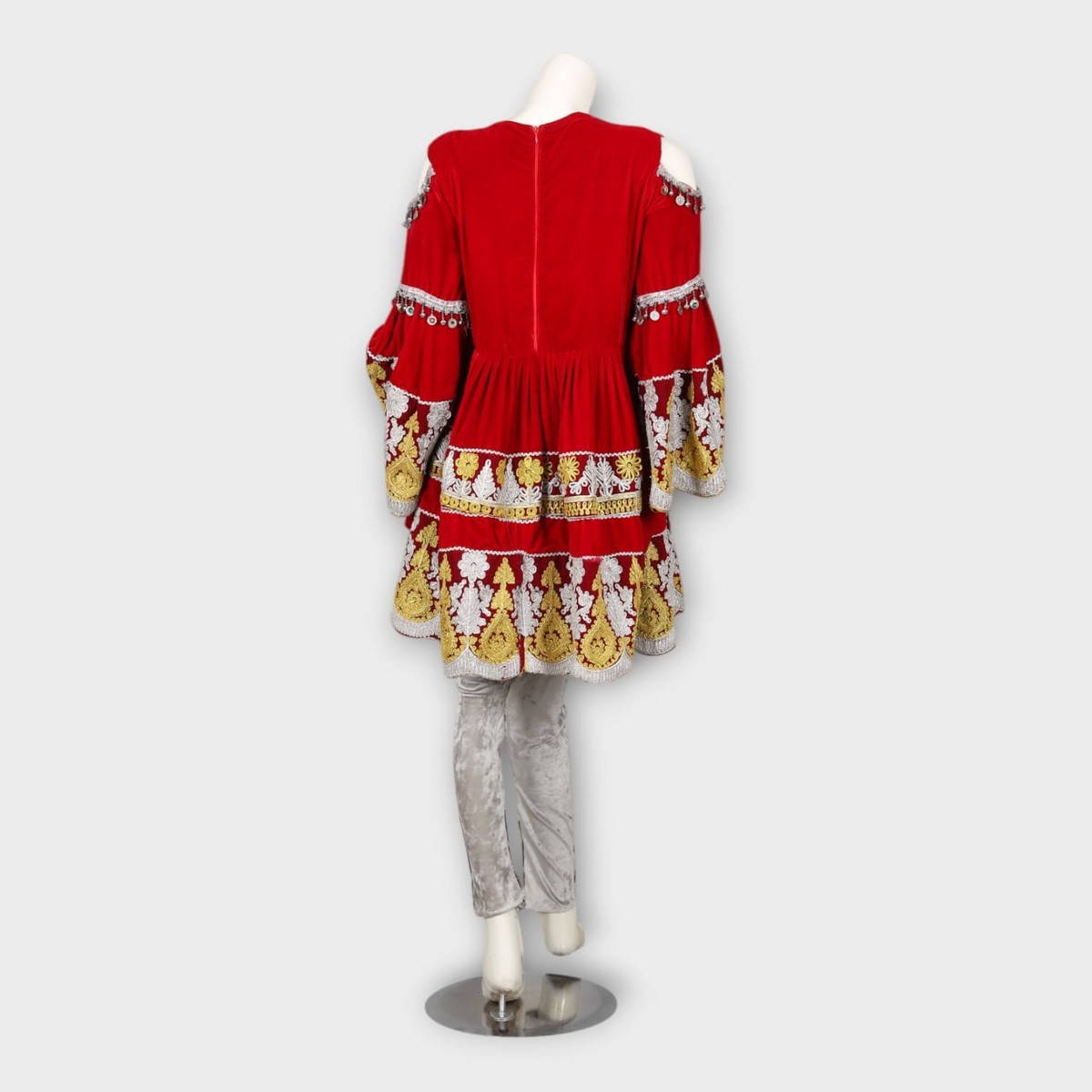 Red and Gold Traditional Afghani Dress with Silver Trousers and Embroidery 5