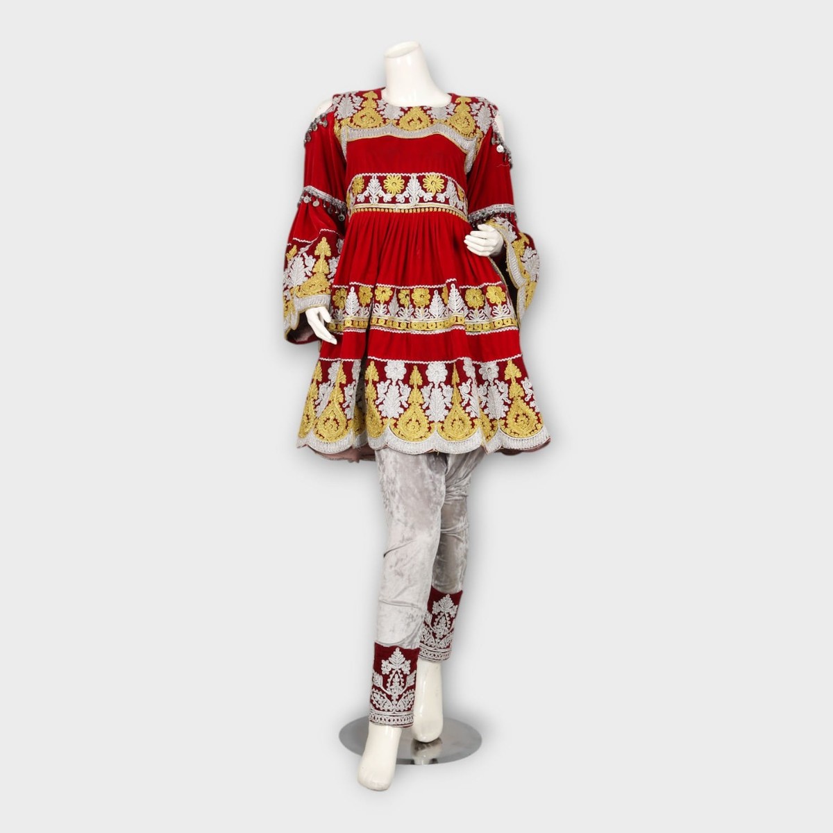 Red and Gold Traditional Afghani Dress with Silver Trousers and Embroidery 1