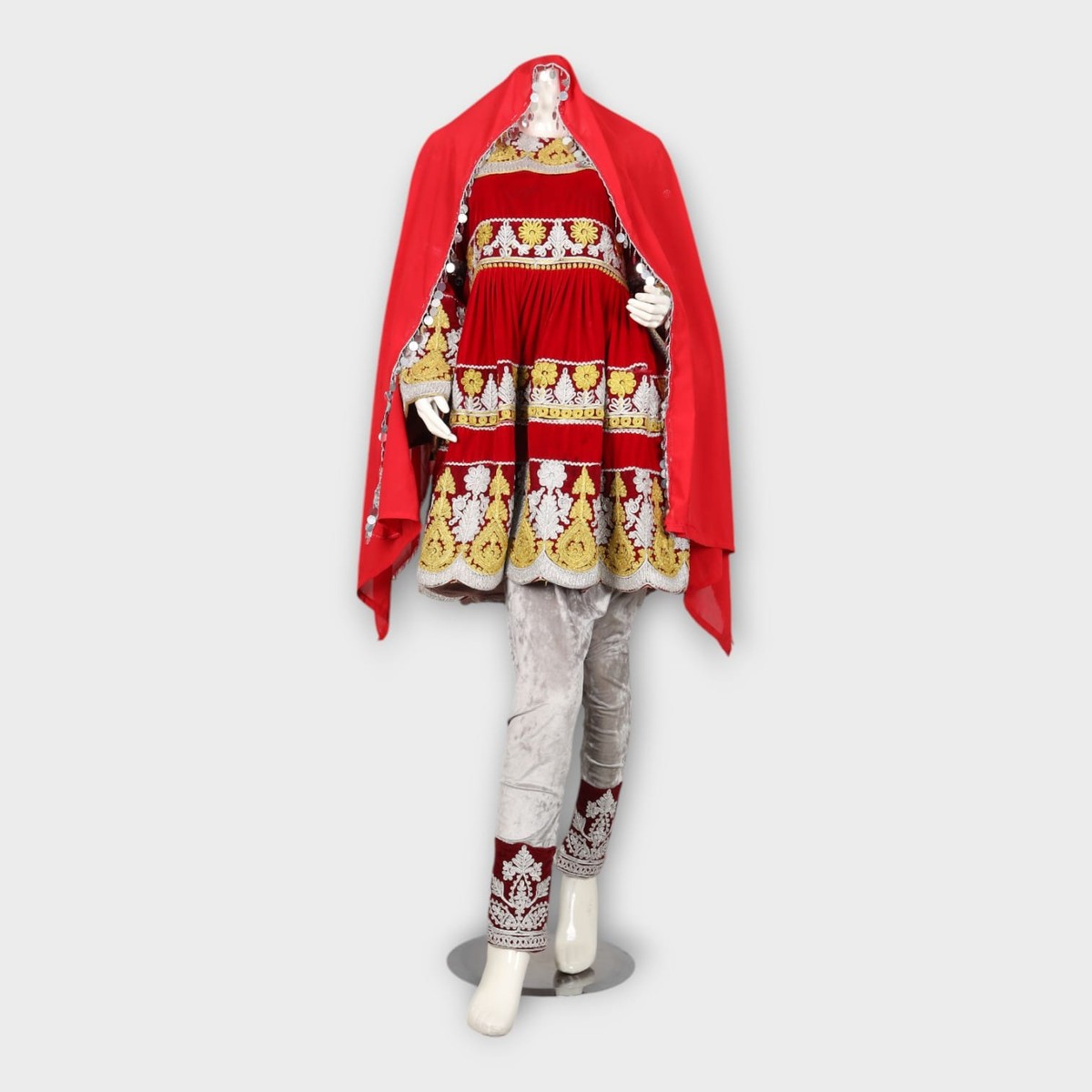 Red and Gold Traditional Afghani Dress with Silver Trousers and Embroidery 6