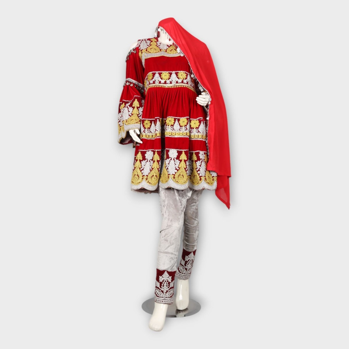 Red and Gold Traditional Afghani Dress with Silver Trousers and Embroidery 7