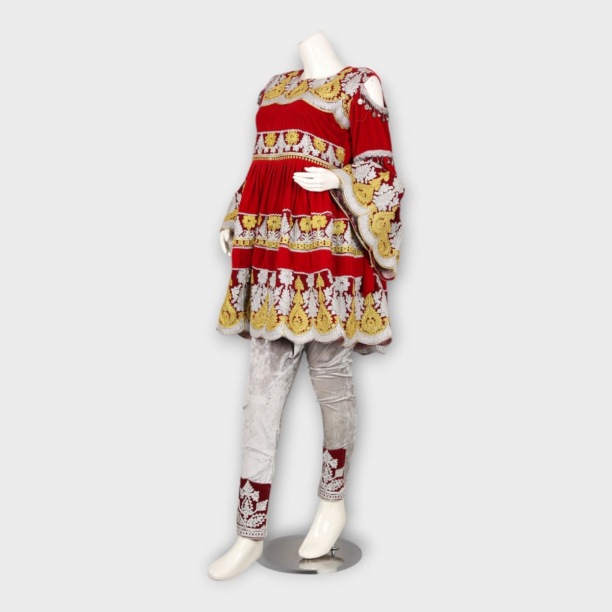 Red and Gold Traditional Afghani Dress with Silver Trousers and Embroidery 3