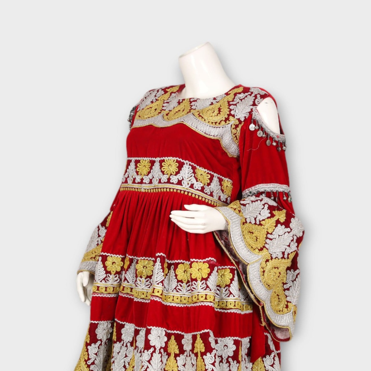 Red and Gold Traditional Afghani Dress with Silver Trousers and Embroidery 2