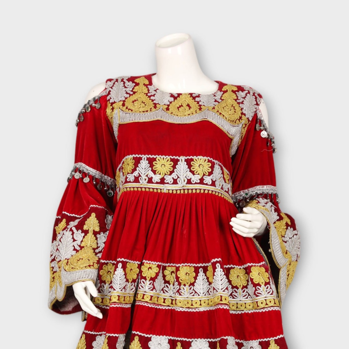 Red and Gold Traditional Afghani Dress with Silver Trousers and Embroidery 4