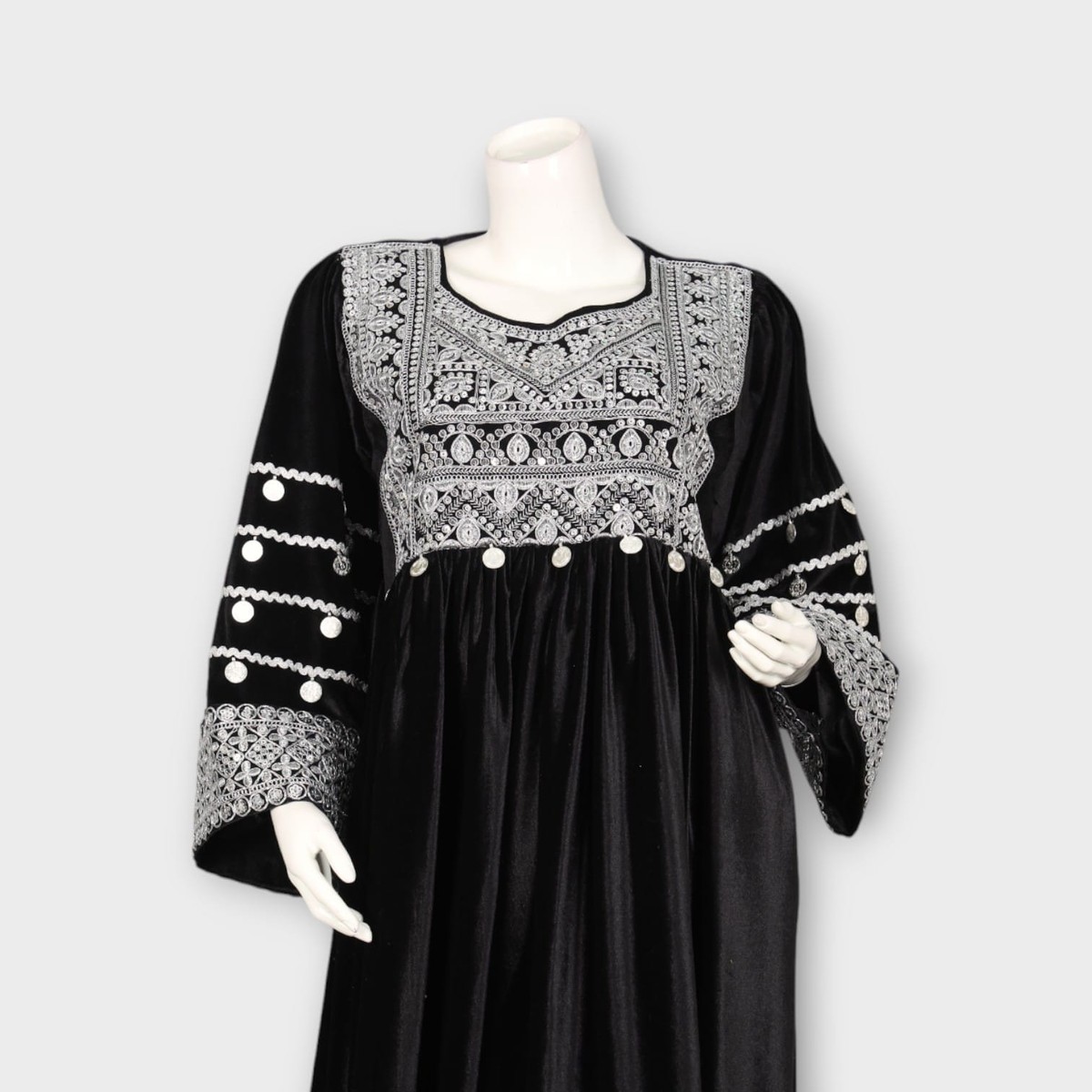 Black Velvet Traditional Afghani Dress with White Embroidery and Coin Detailing | Aseel Black Velvet Traditional Afghani Dress with White Embroidery and Coin Detailing | Aseel