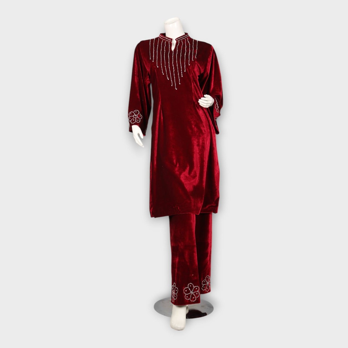 Maroon Velvet Afghani Suit with Beaded Neckline and Floral Embroidery 3