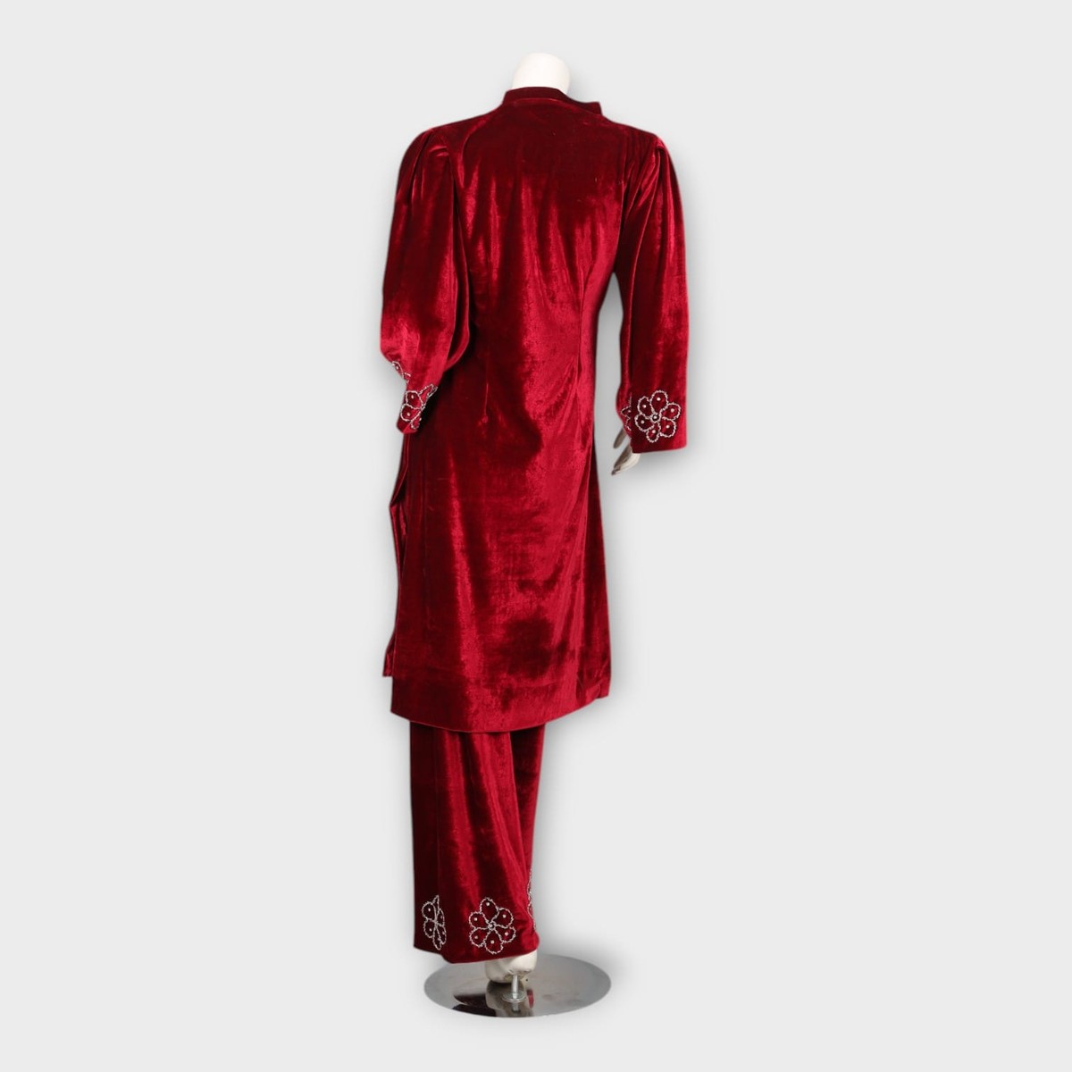 Maroon Velvet Afghani Suit with Beaded Neckline and Floral Embroidery 1