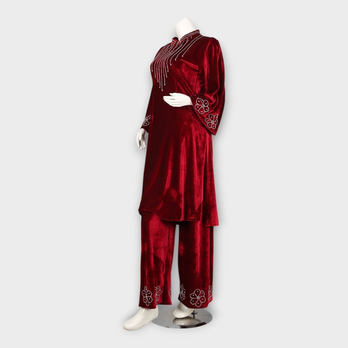 Maroon Velvet Afghani Suit with Beaded Neckline and Floral Embroidery 5