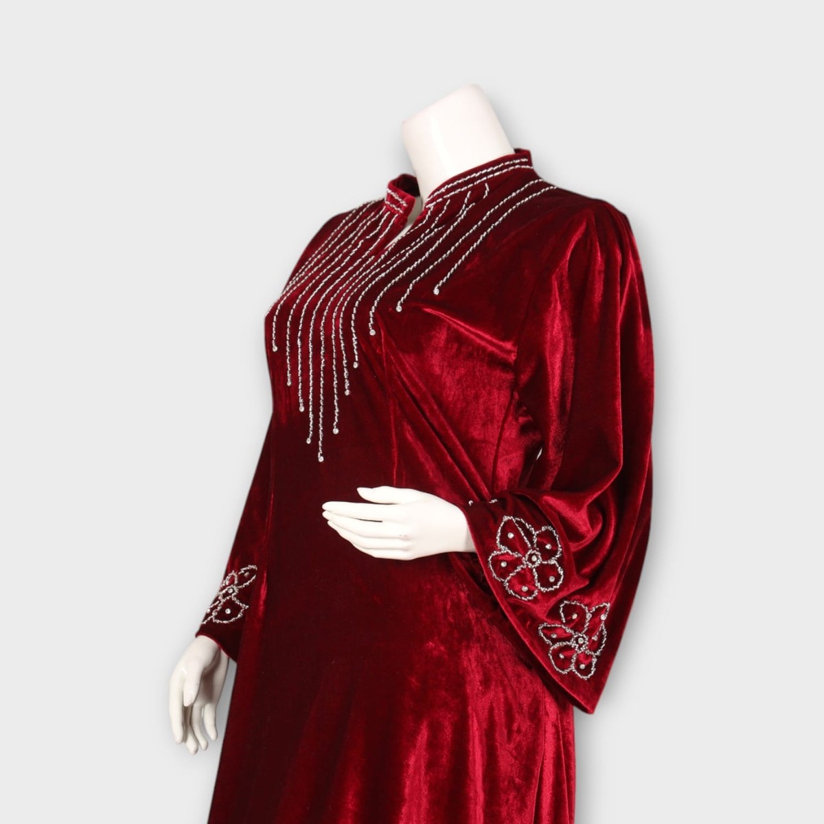 Maroon Velvet Afghani Suit with Beaded Neckline and Floral Embroidery 2