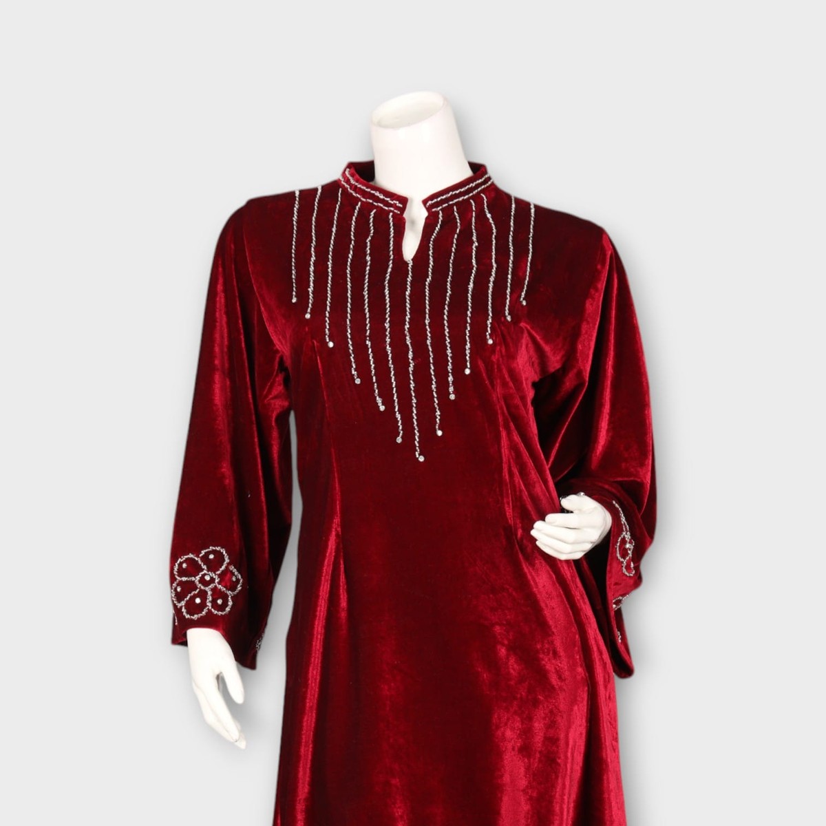 Maroon Velvet Afghani Suit with Beaded Neckline and Floral Embroidery 4