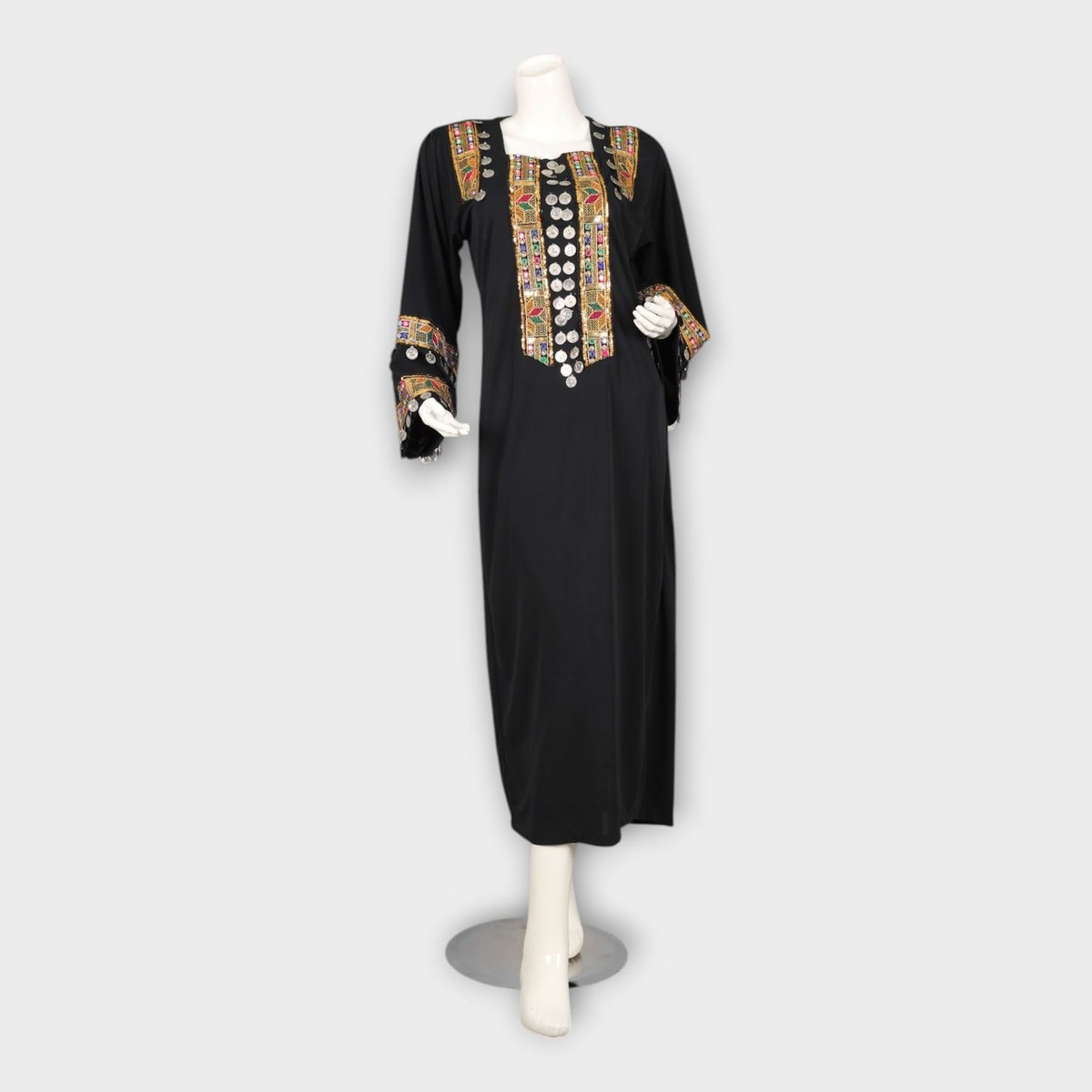 Black Traditional Afghani Dress with Colorful Embroidery and Coin Detailing 2