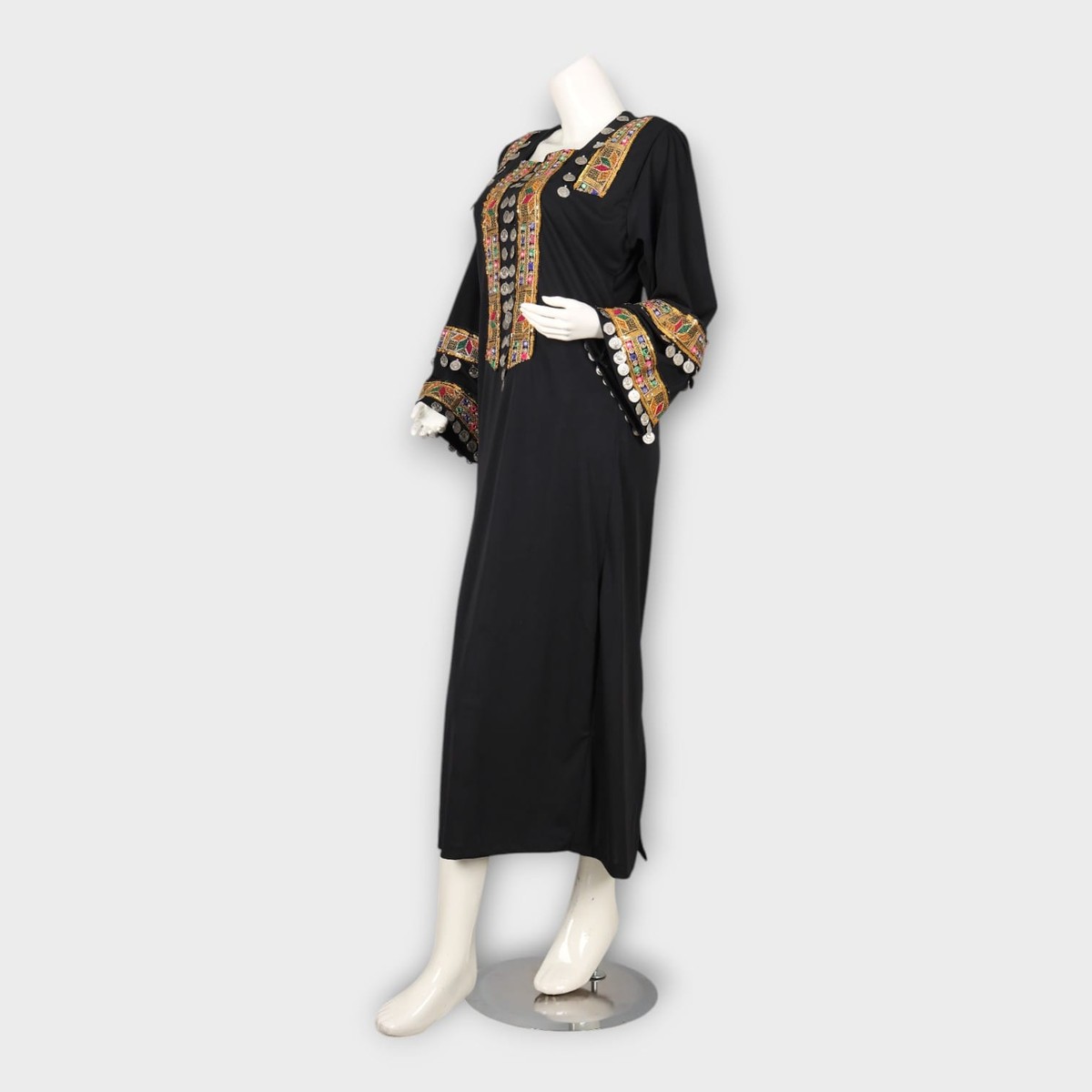Black Traditional Afghani Dress with Colorful Embroidery and Coin Detailing 3