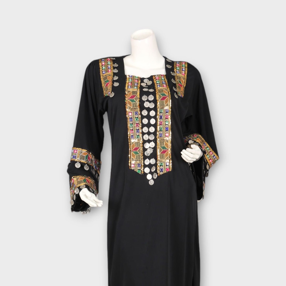 Black Traditional Afghani Dress with Colorful Embroidery and Coin Detailing 4